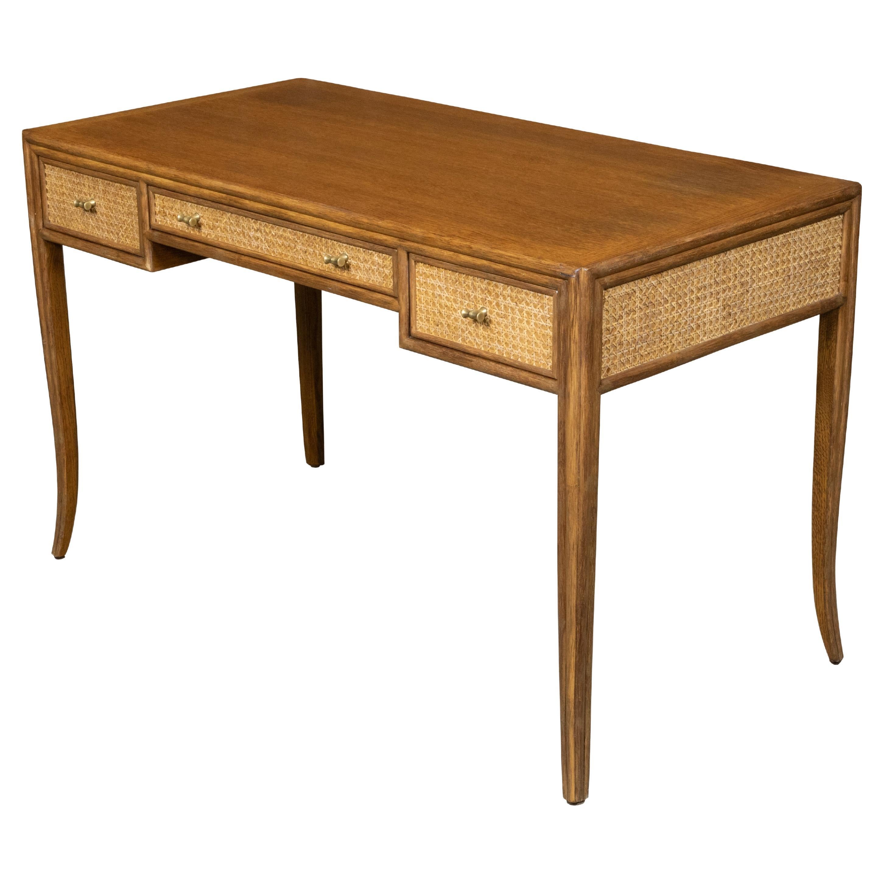 McGuire Rattan and Midcentury Oak Writing Desk with Three Drawer and Saber Legs