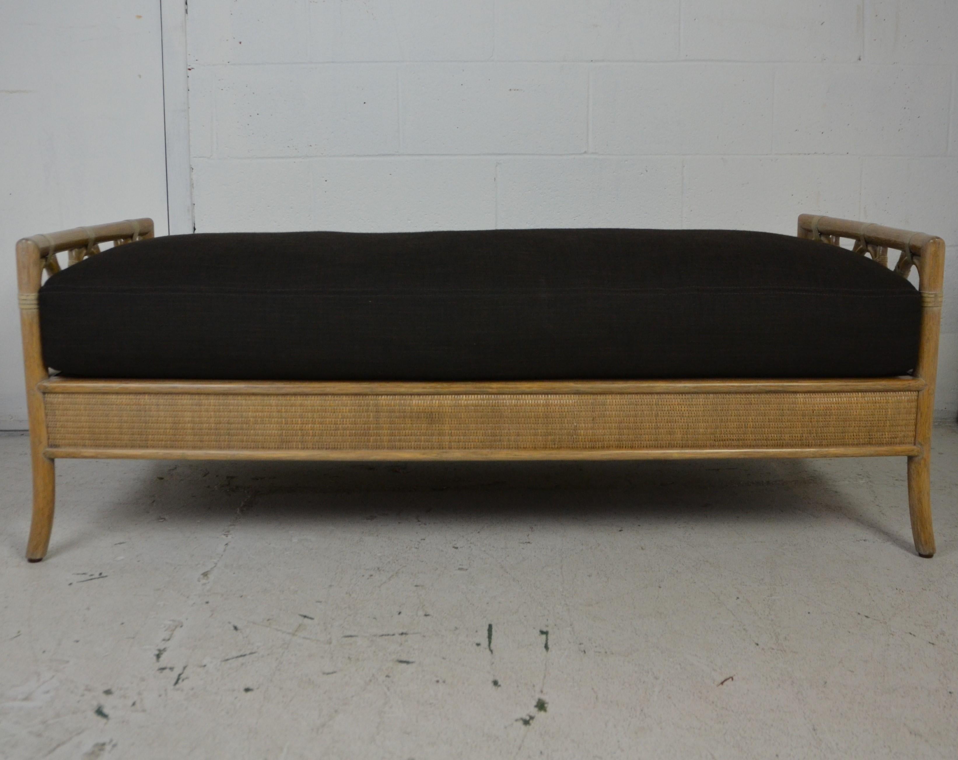 Laura Kirar for McGuire Rattan Ring Bench. Covered in original black linen fabric.