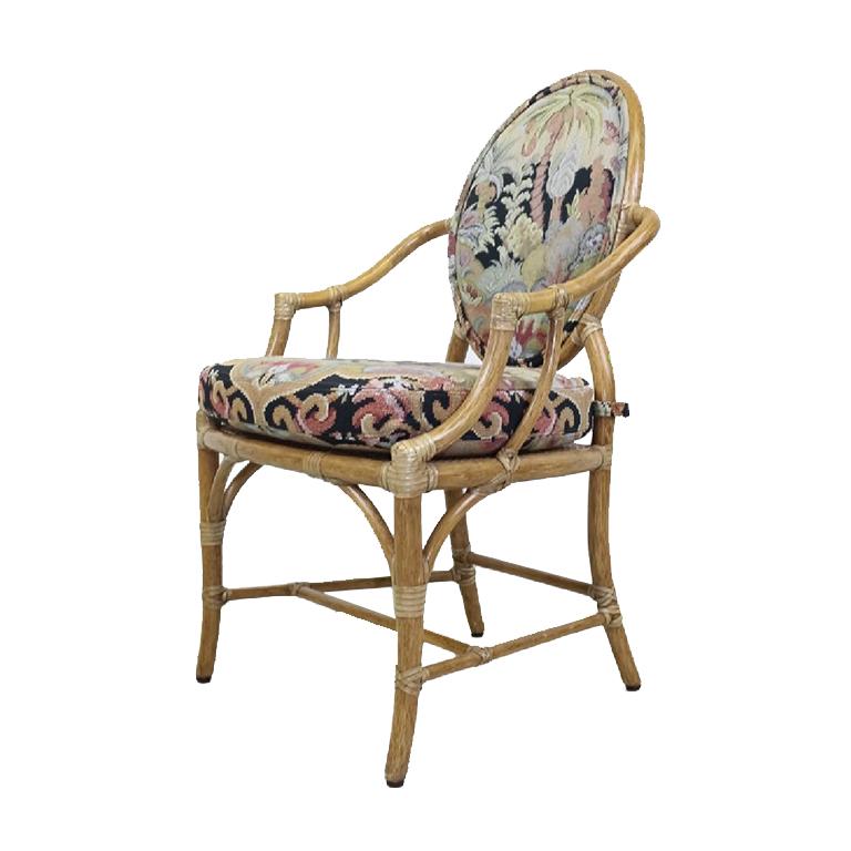Hollywood Regency McGuire Rattan Dining Chair Set Upholstered floral armchairs (Chairs Only)