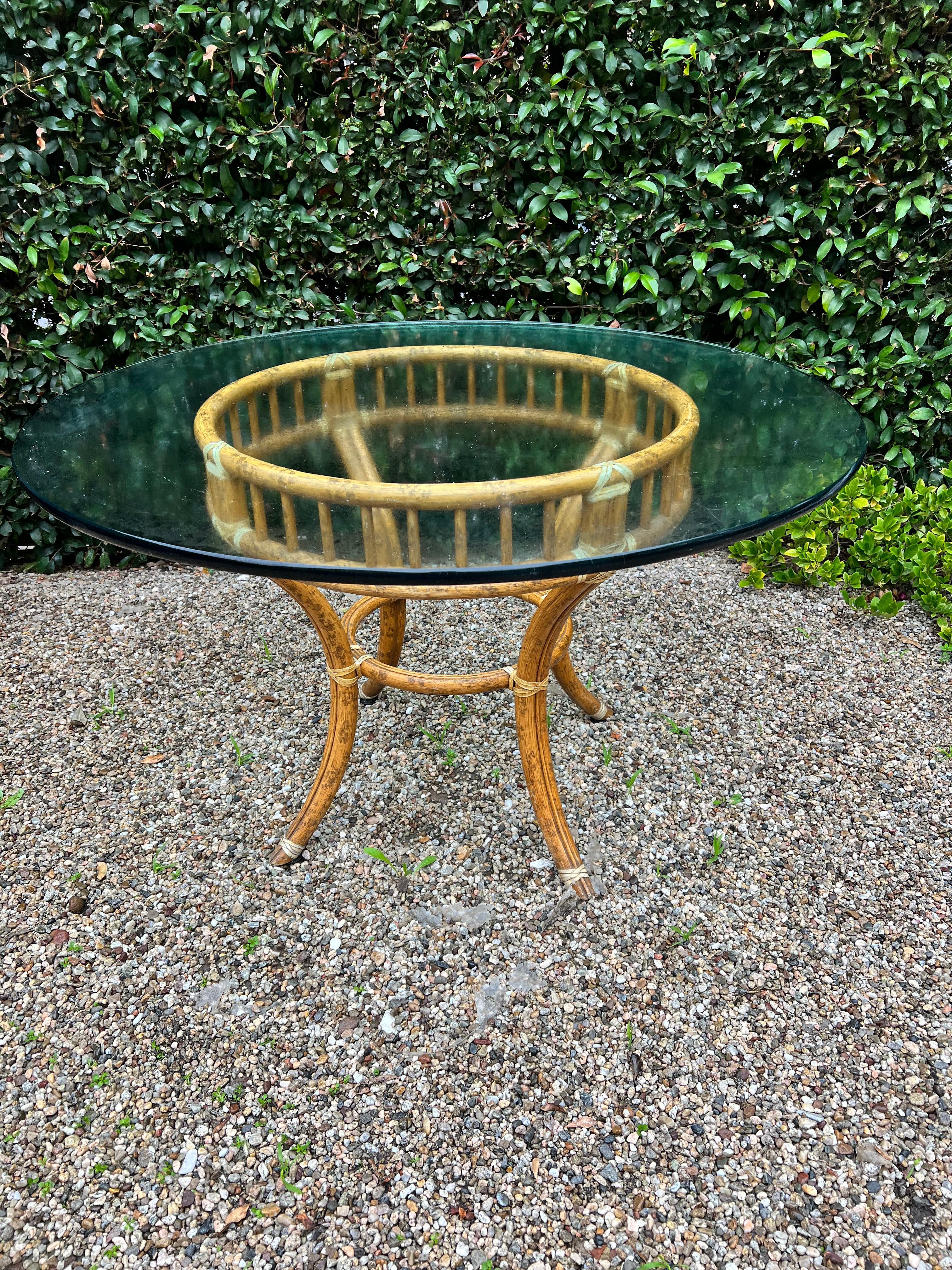 Mid-Century Modern McGuire Rattan Dining Table with Glass Top For Sale