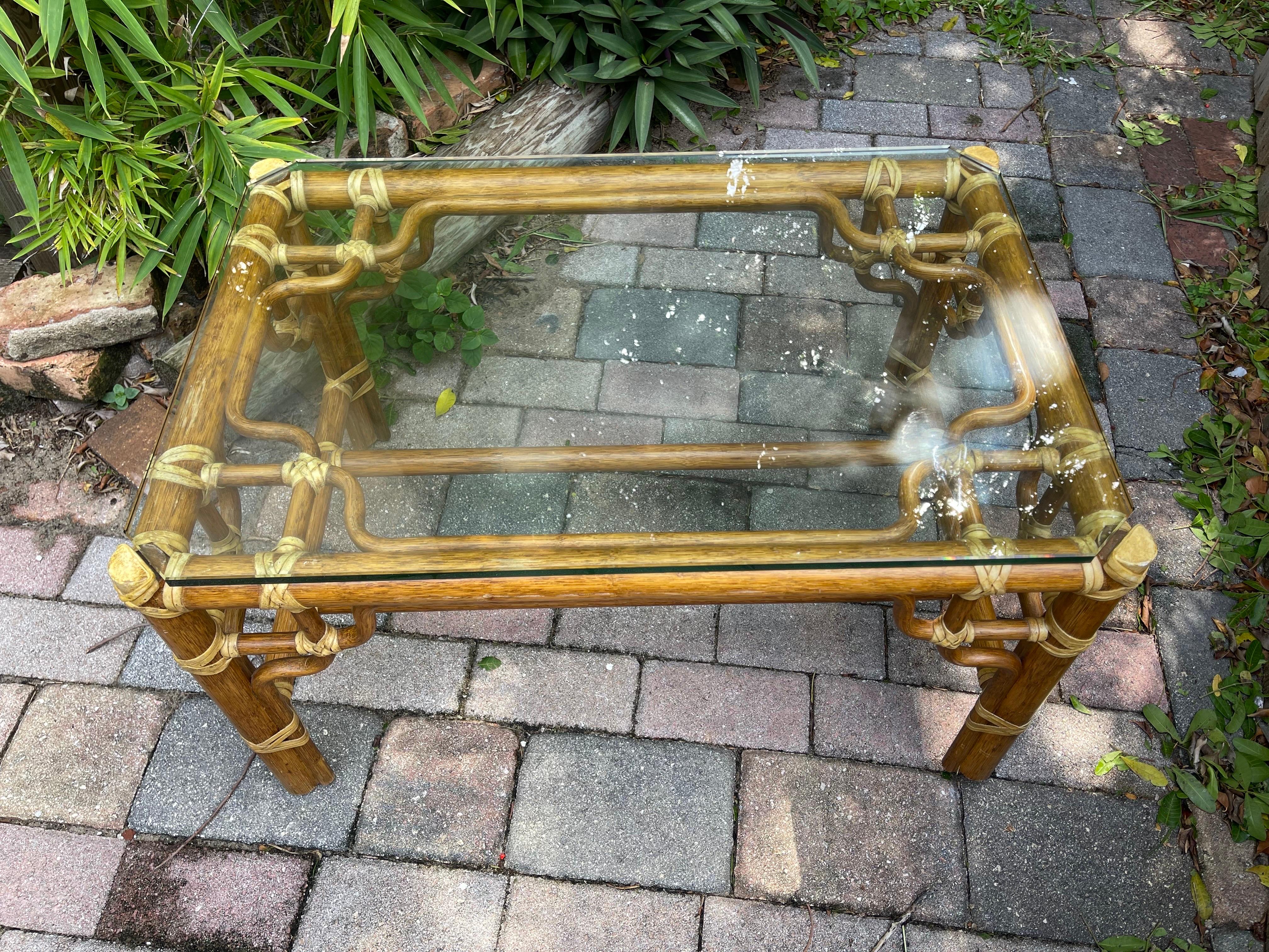 McGuire Rattan Fretwork Chinese Chippendale Chinoiserie Glass Top Coffee Table In Good Condition In Jensen Beach, FL