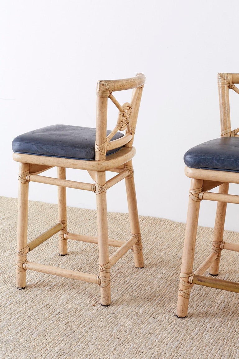 McGuire Rattan Leather Target Design Counter Barstools at 1stDibs