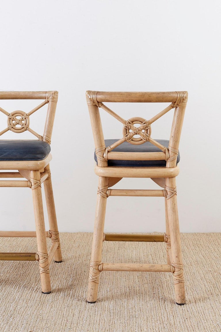 McGuire Rattan Leather Target Design Counter Barstools at 1stDibs