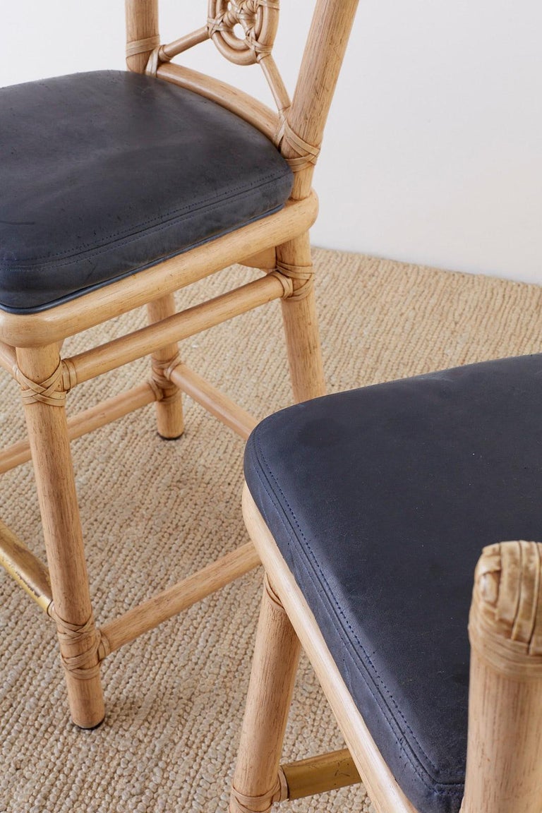 McGuire Rattan Leather Target Design Counter Barstools at 1stDibs