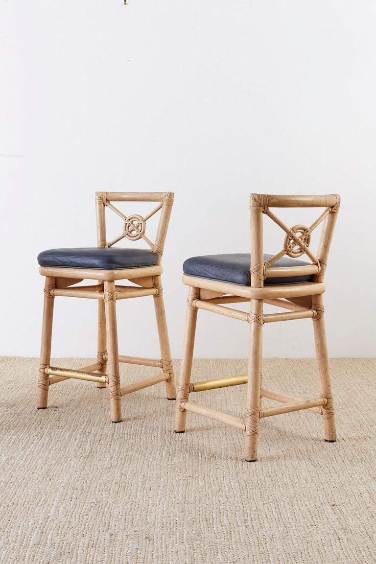 McGuire Rattan Leather Target Design Counter Barstools at 1stDibs