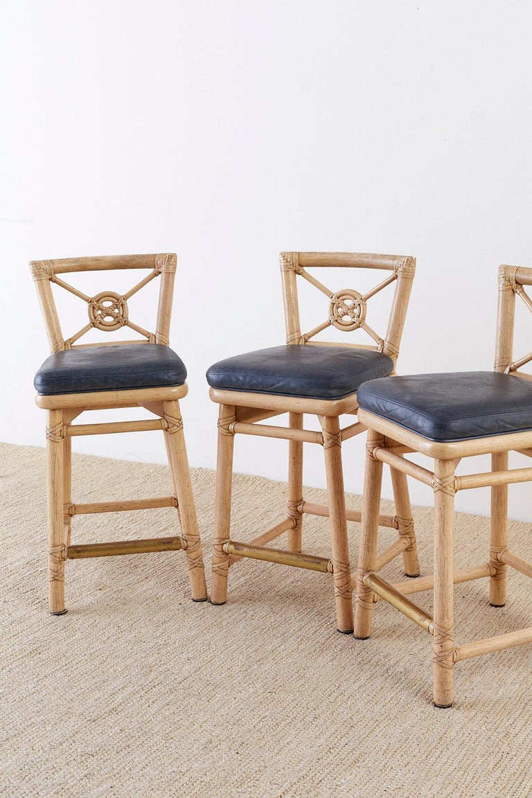 McGuire Rattan Leather Target Design Counter Barstools at 1stDibs