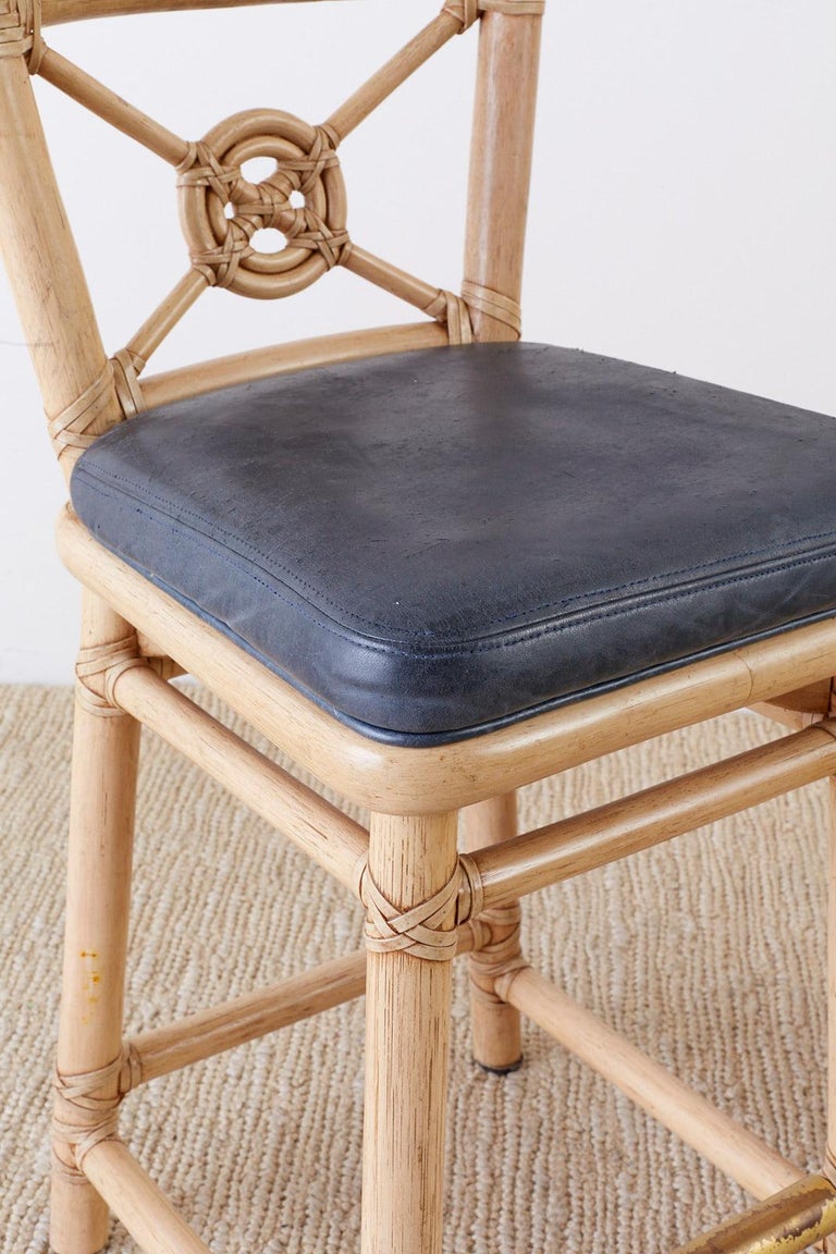 McGuire Rattan Leather Target Design Counter Barstools at 1stDibs