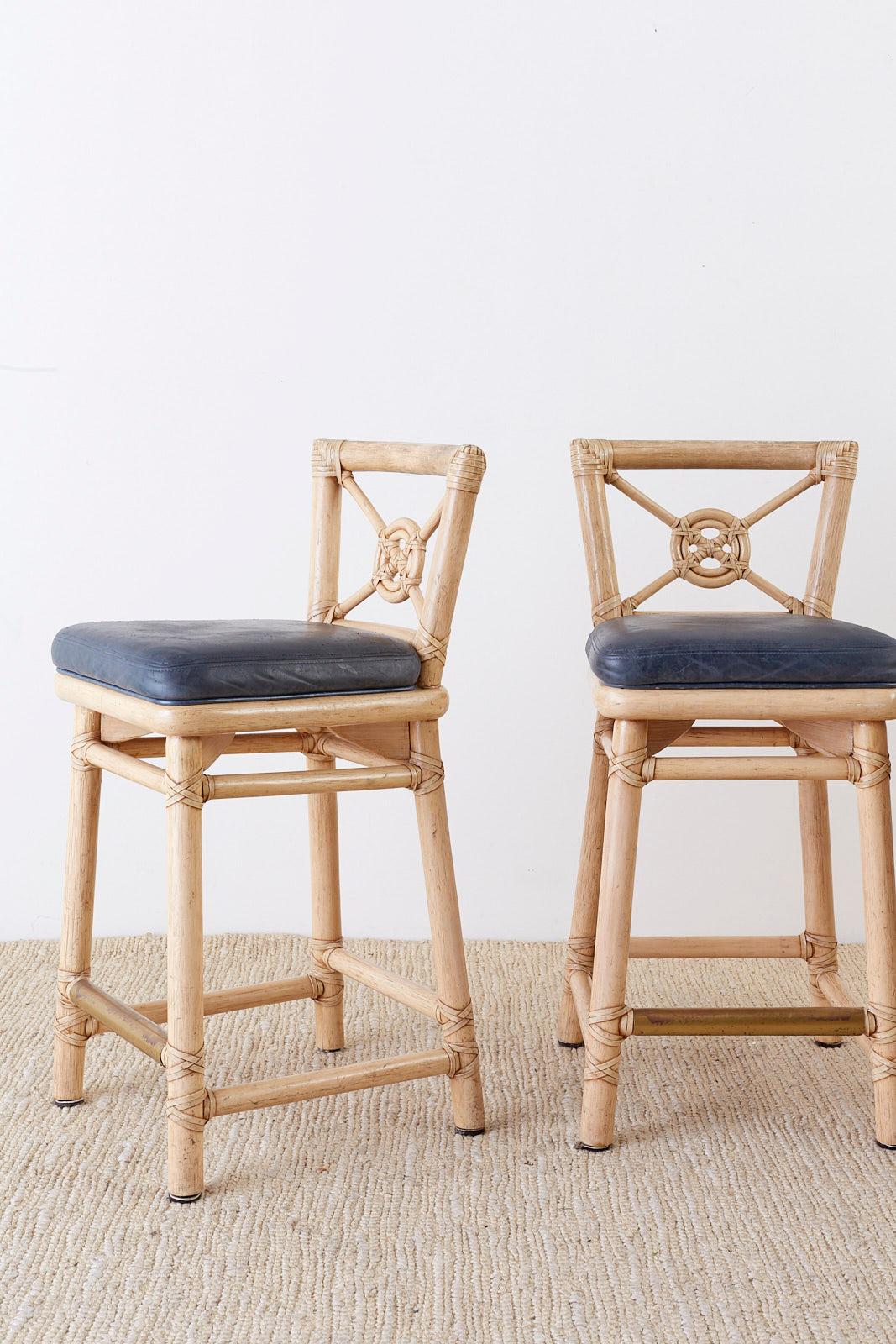 Hand-Crafted McGuire Rattan Leather Target Design Counter Barstools