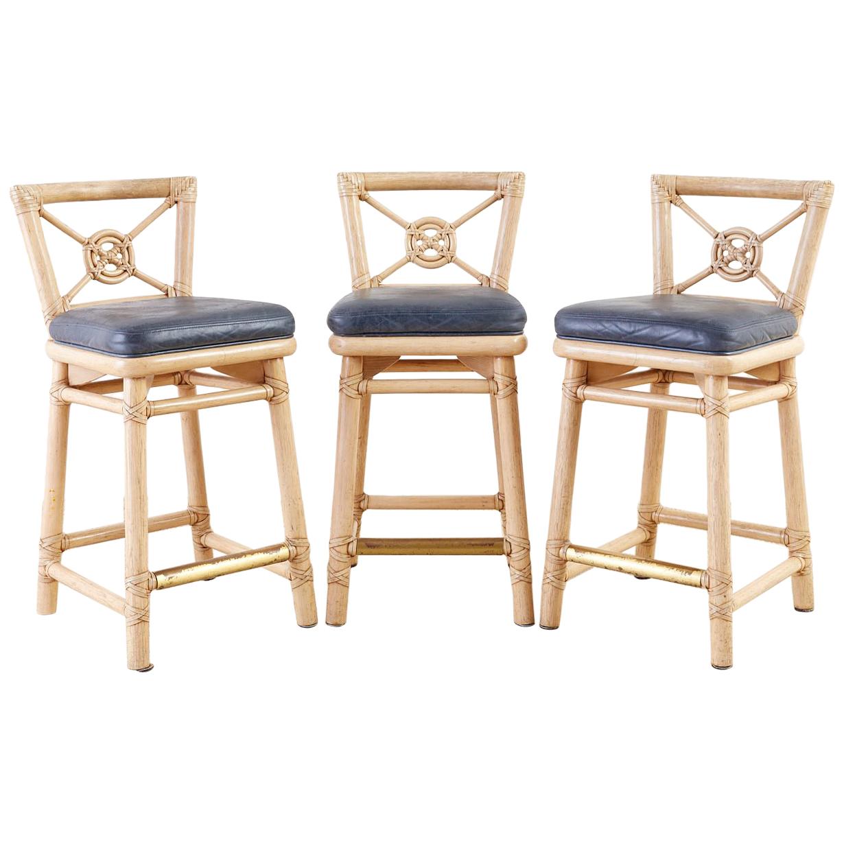 McGuire Rattan Leather Target Design Counter Barstools