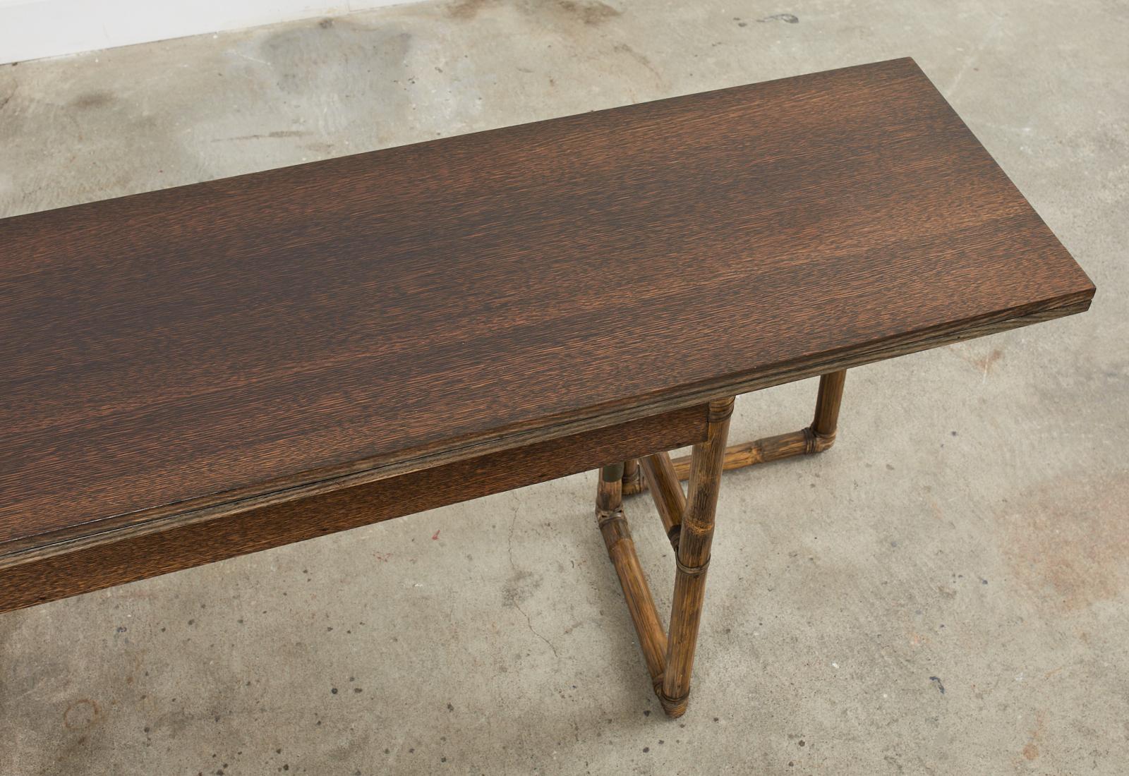 Brass McGuire Rattan Oak Flip-Top Dining Table Console or Desk