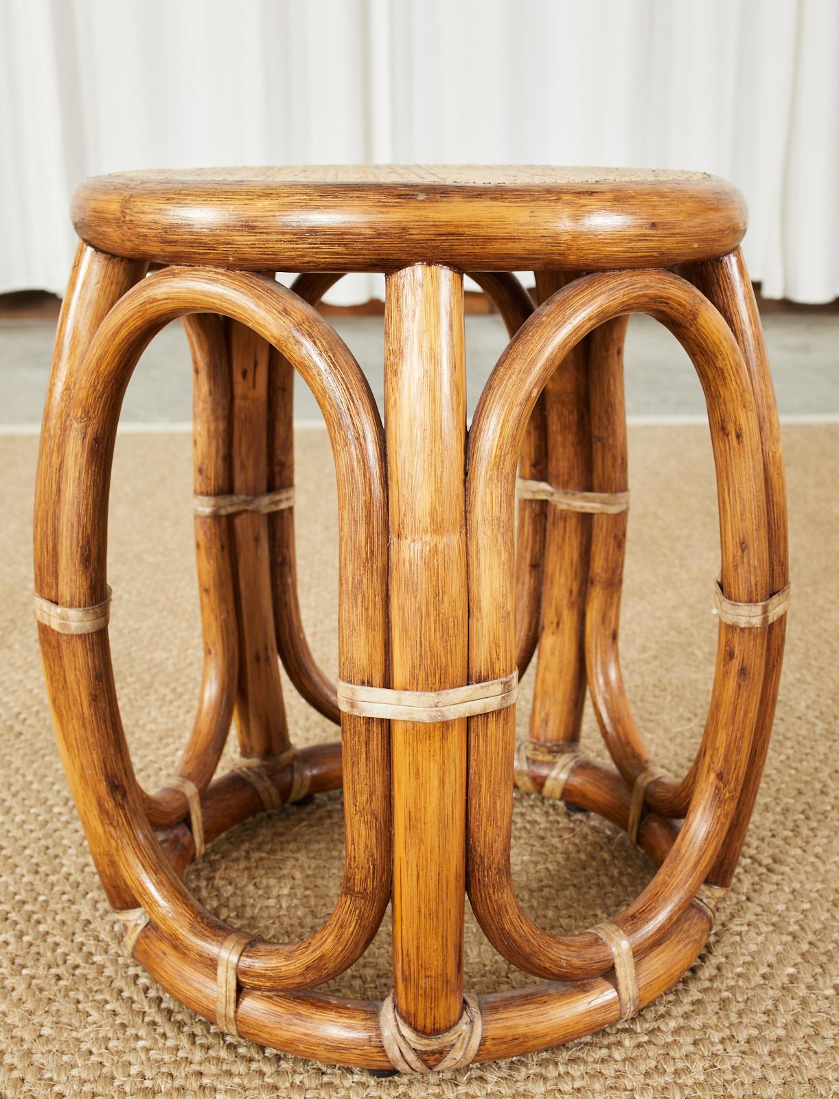 Hand-Crafted McGuire Rattan Taboret Drum Stool or Drink Table