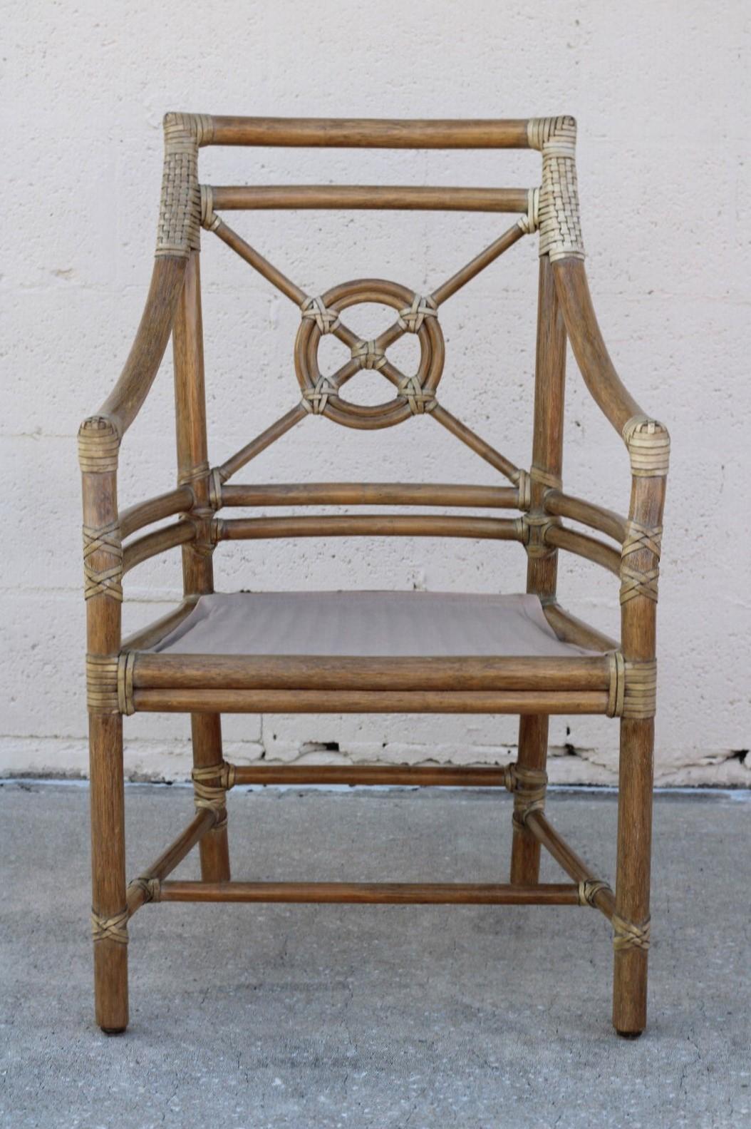 Hand-Crafted McGuire Rattan Target Arm Chairs or Dining Chairs, a Pair For Sale