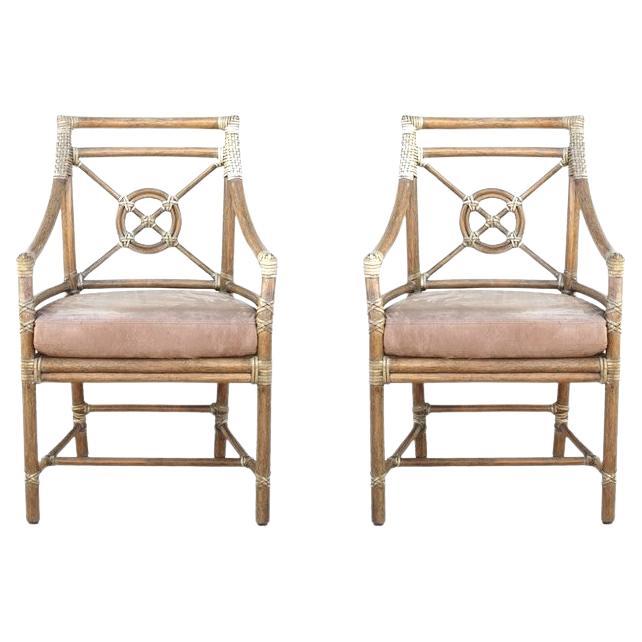 McGuire Rattan Target Arm Chairs or Dining Chairs, a Pair
