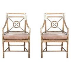 Retro McGuire Rattan Target Arm Chairs or Dining Chairs, a Pair