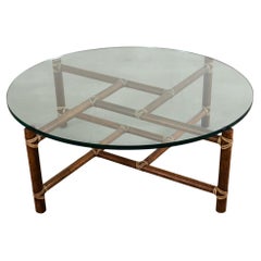 Vintage McGuire Round Oak Leather Glass Top Cocktail Table