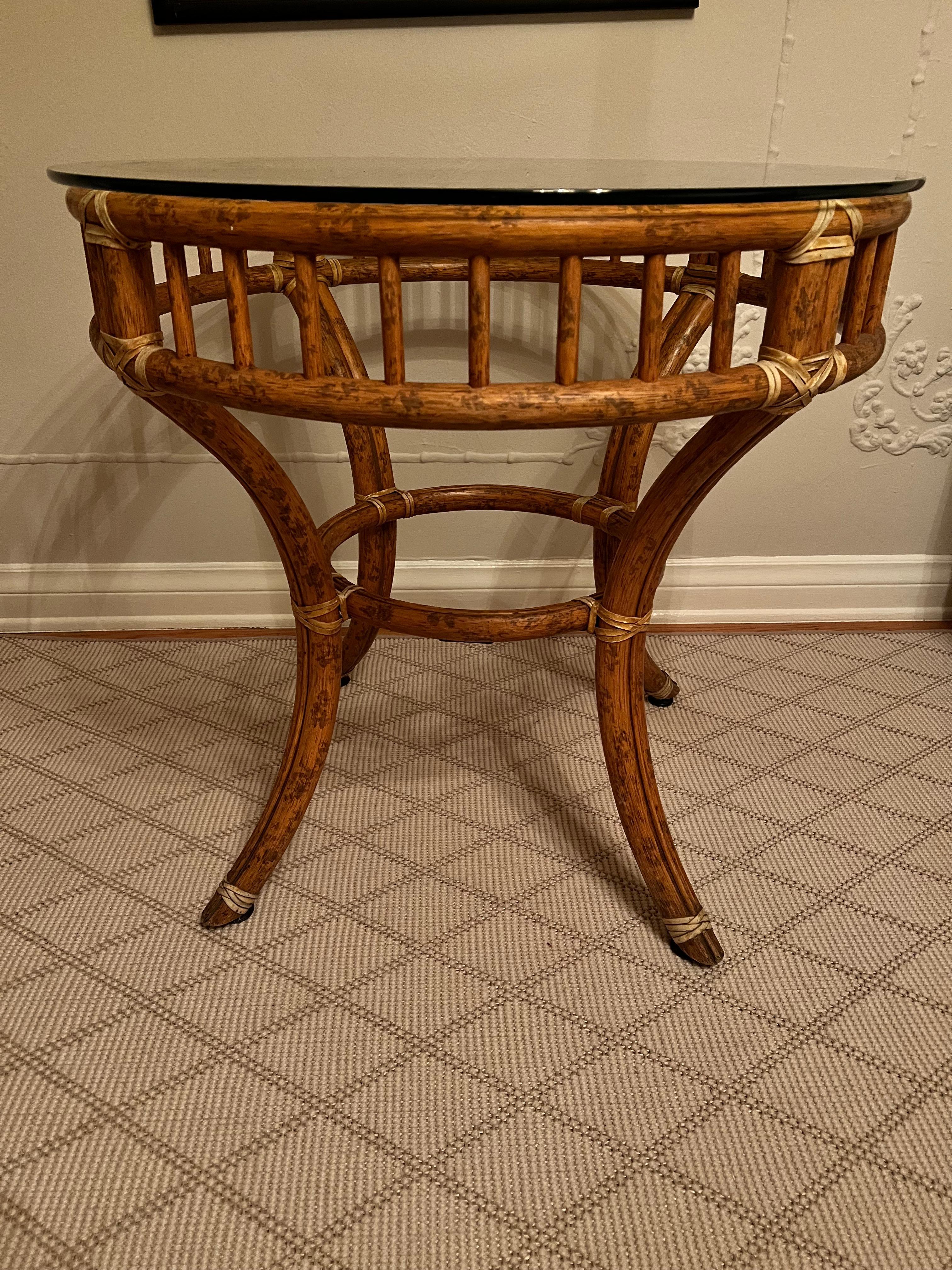 Patinated McGuire Round Rattan Bamboo Side Center or Dining Table