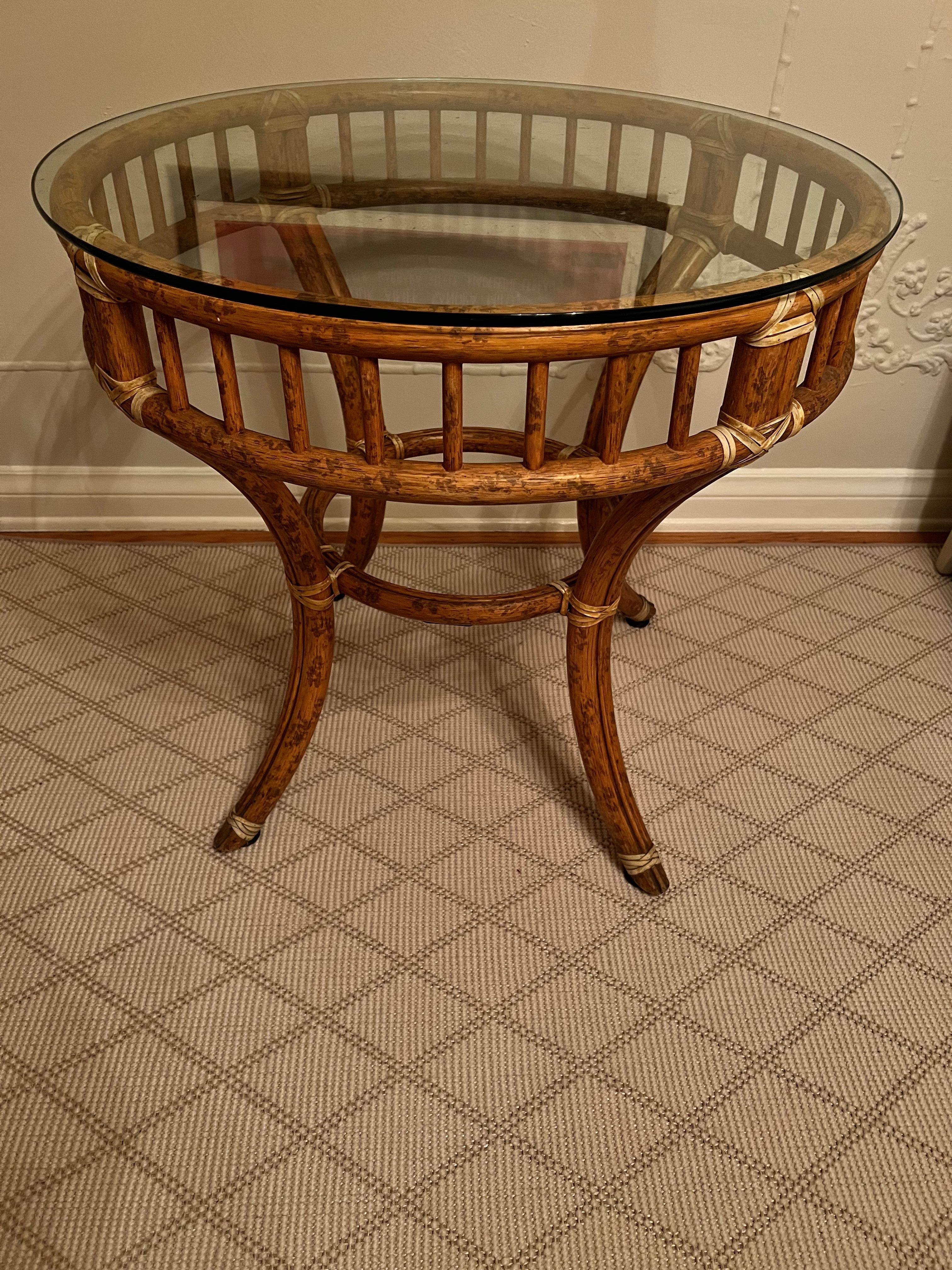 20th Century McGuire Round Rattan Bamboo Side Center or Dining Table For Sale
