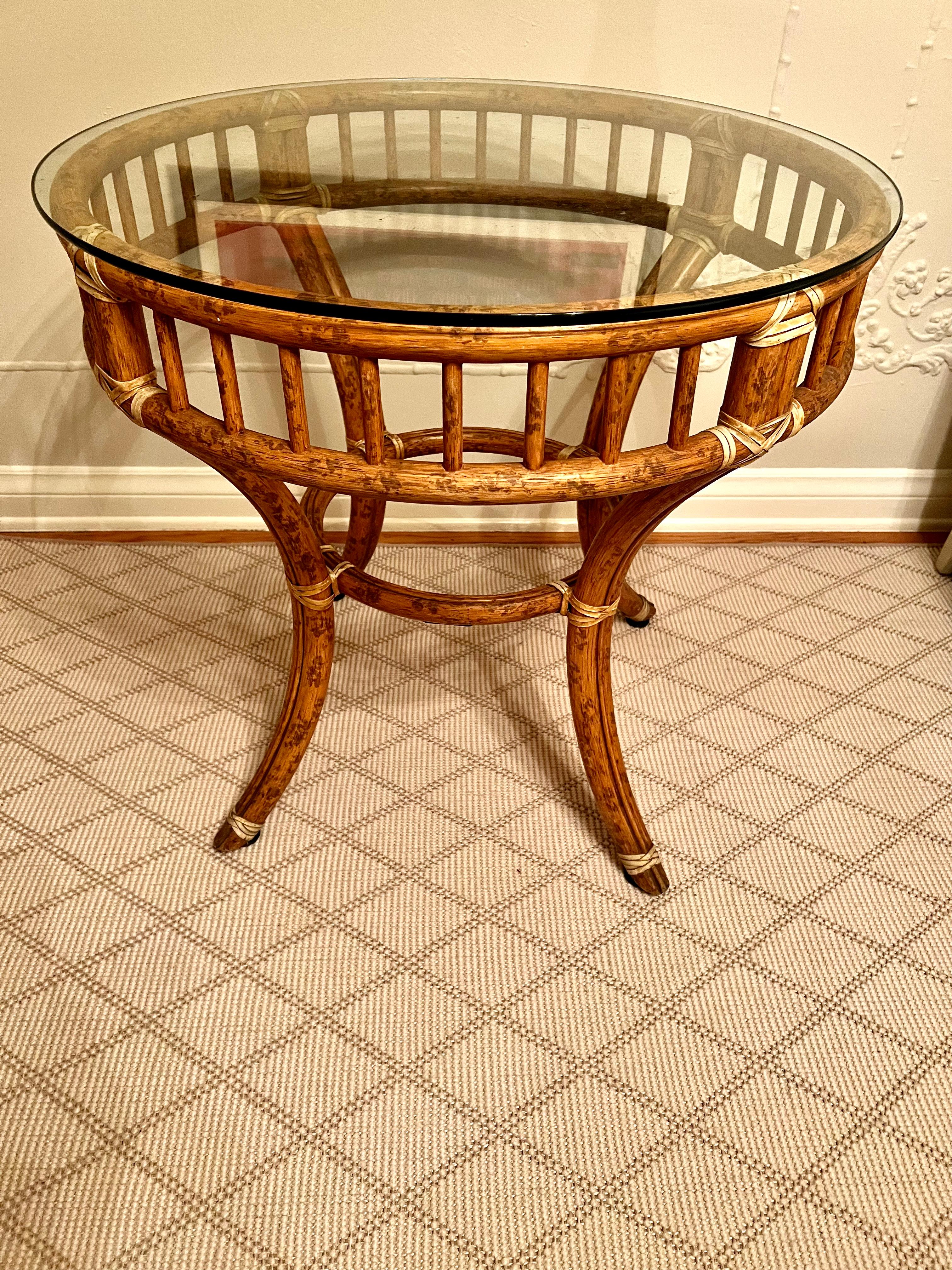 Leather McGuire Round Rattan Bamboo Side Center or Dining Table For Sale