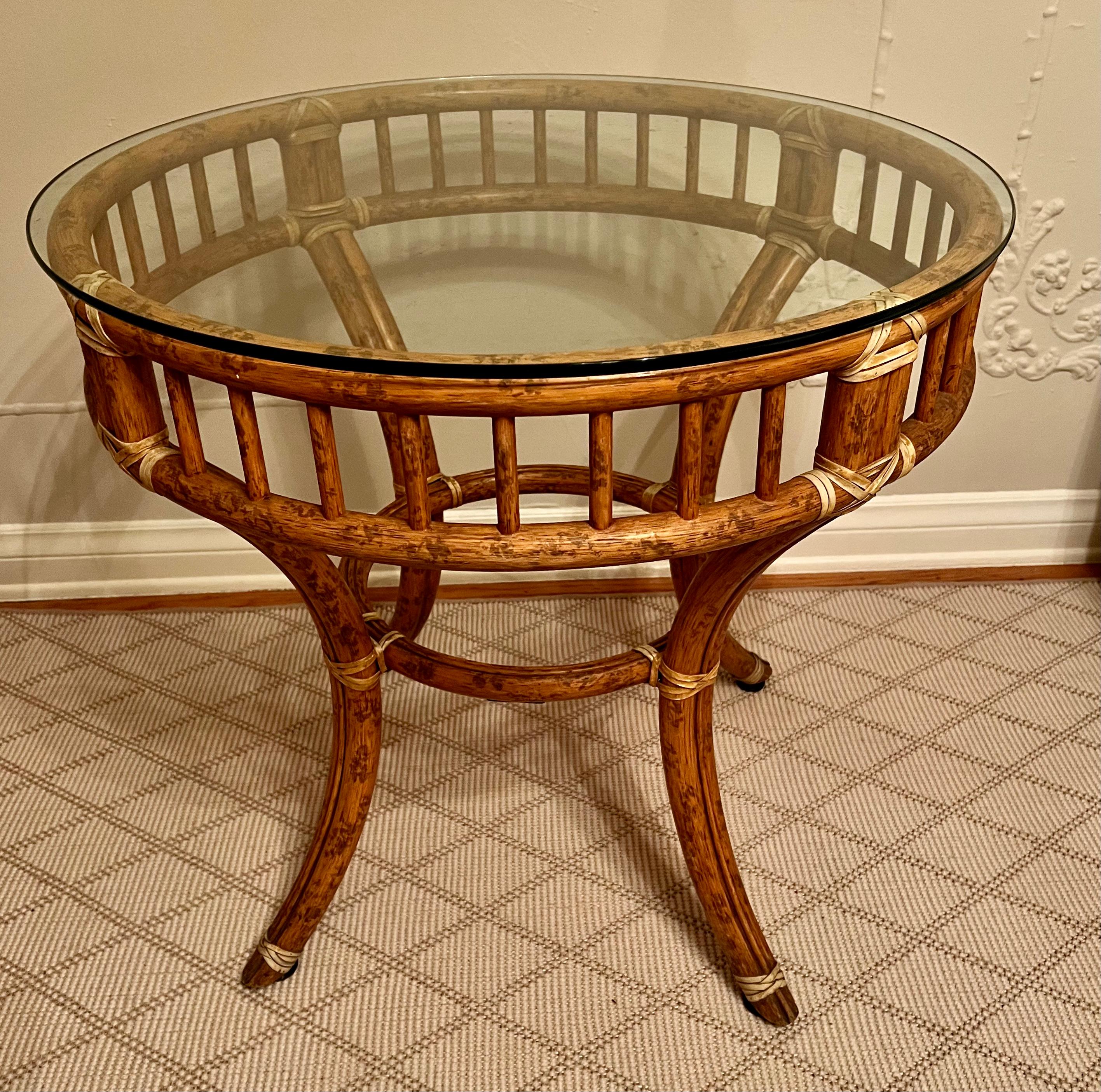 McGuire Round Rattan Bamboo Side Center or Dining Table For Sale 1