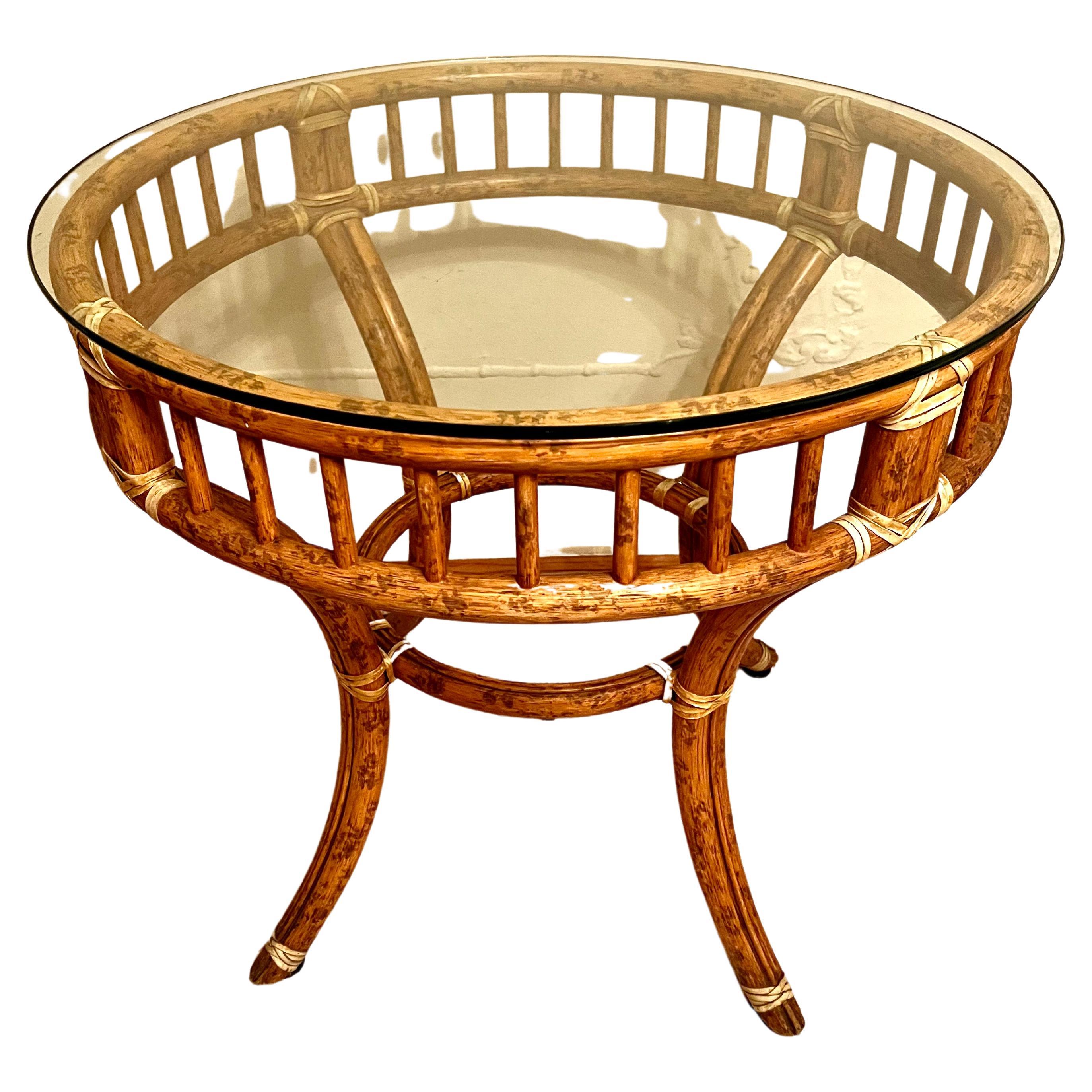 McGuire Round Rattan Bamboo Side Center or Dining Table For Sale