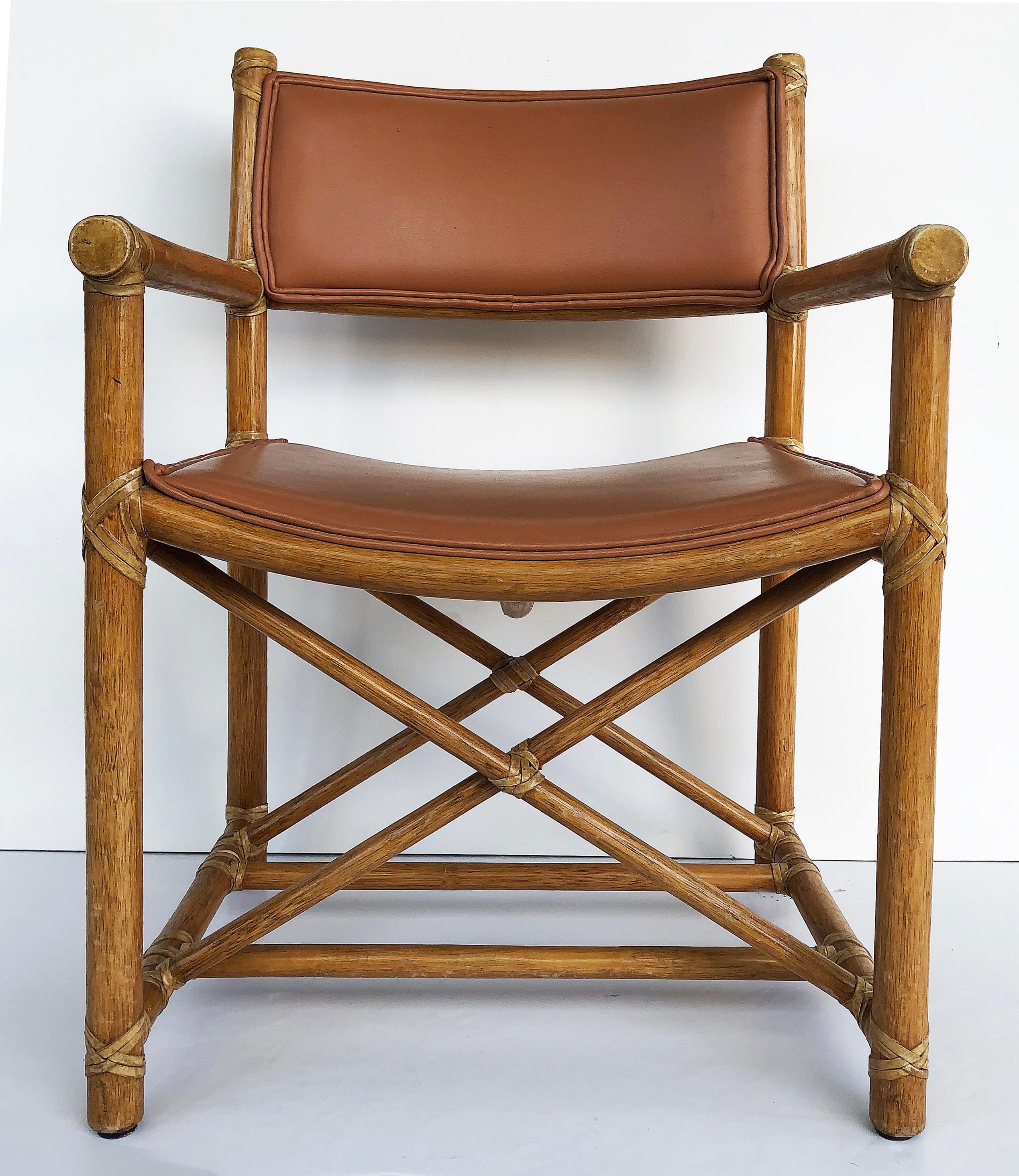 McGuire San Francisco Campaign dining chairs with caned backs, set of six

Offered for sale is a set of six McGuire San Francisco Campaign style dining armchairs with caned backs, X-framed cross stretchers and the signature McGuire leather