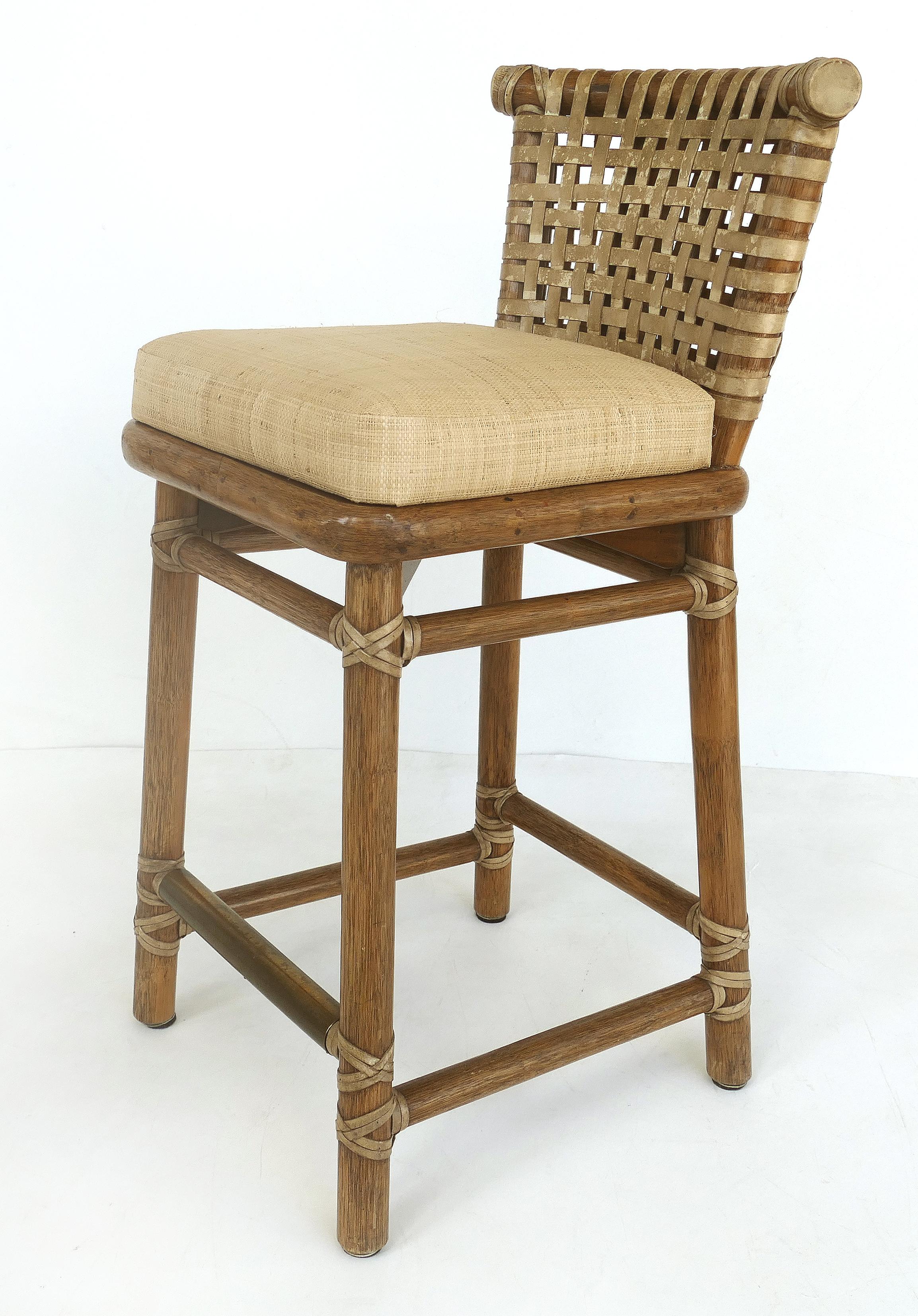 McGuire San Francisco Leather Bound Counter Stools with Raffia Upholstered Seats (Organische Moderne)