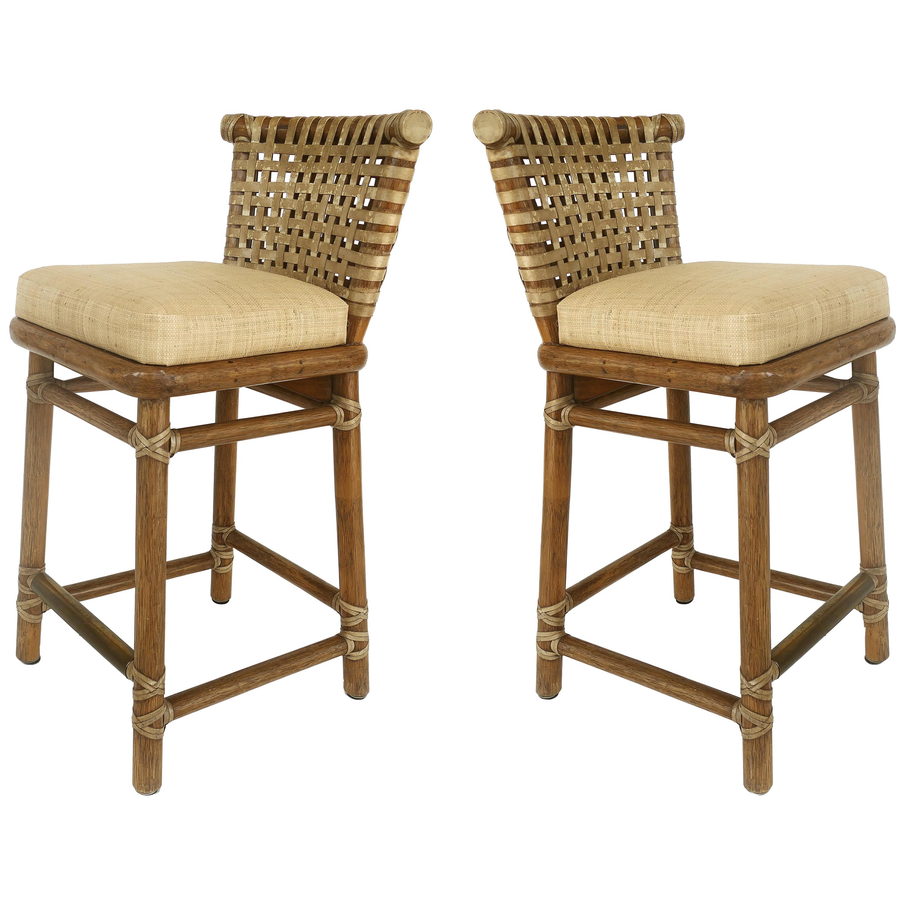 McGuire San Francisco Leather Bound Counter Stools with Raffia Upholstered Seats