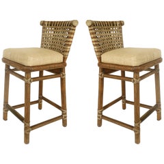 McGuire San Francisco Leather Bound Counter Stools with Raffia Upholstered Seats