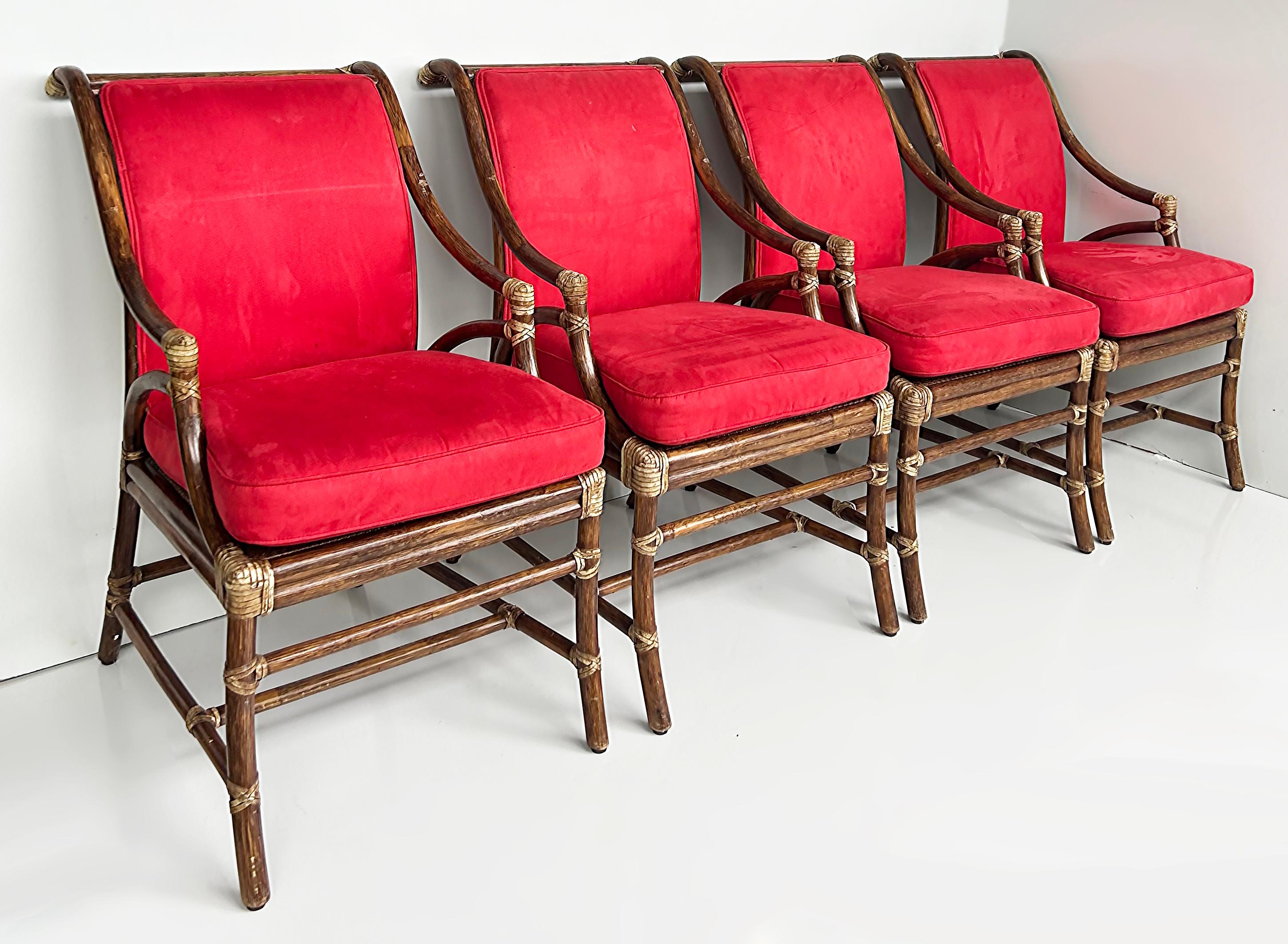McGuire San Francisco Rattan, Cane and Rawhide Armchairs, Set of 4

Offered for sale is a set of four vintage McGuire San Francisco rattan dining armchairs. The chairs have woven cane seats that are in good condition with no issues and also have