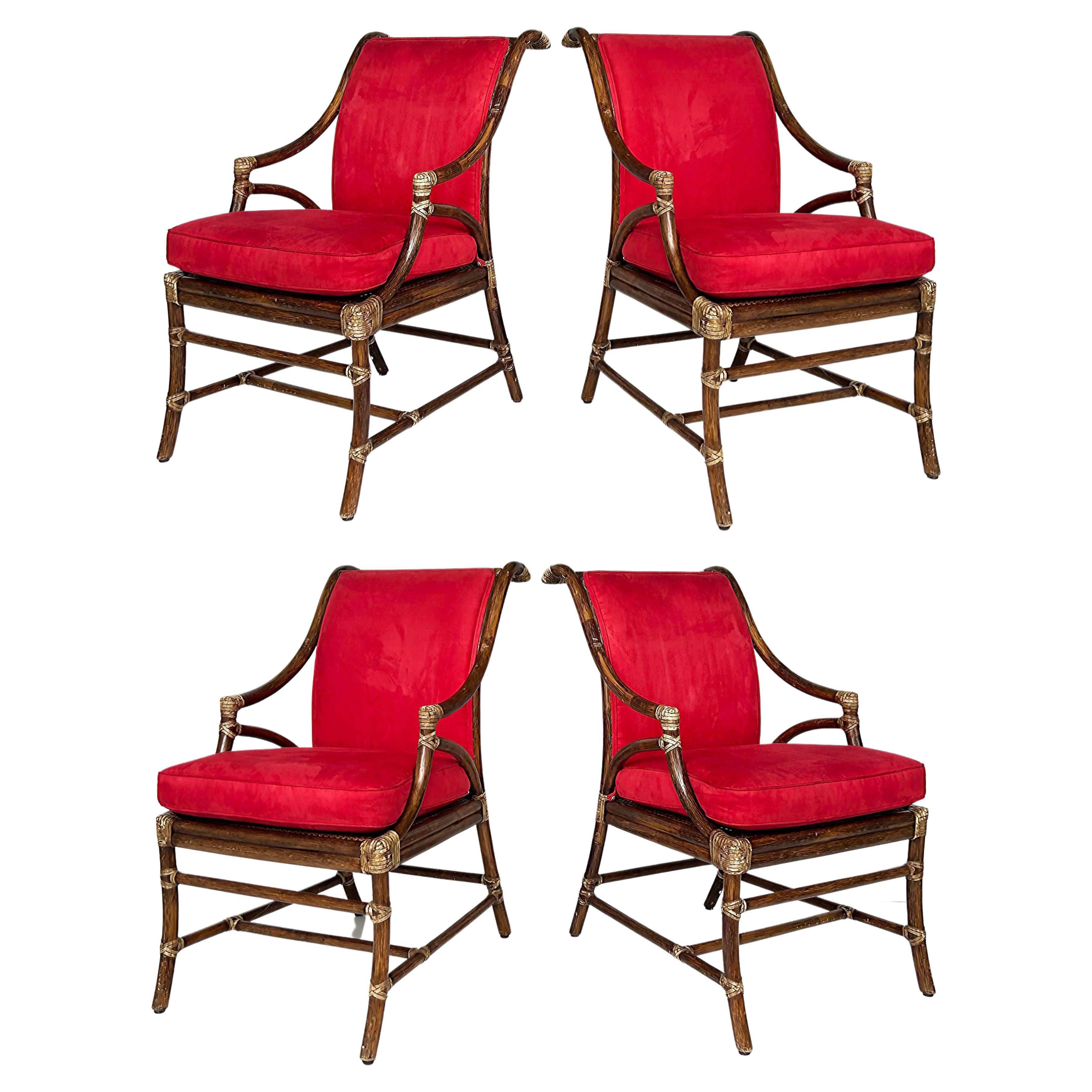 McGuire San Francisco Rattan, Cane and Rawhide Armchairs, Set of 4 For Sale