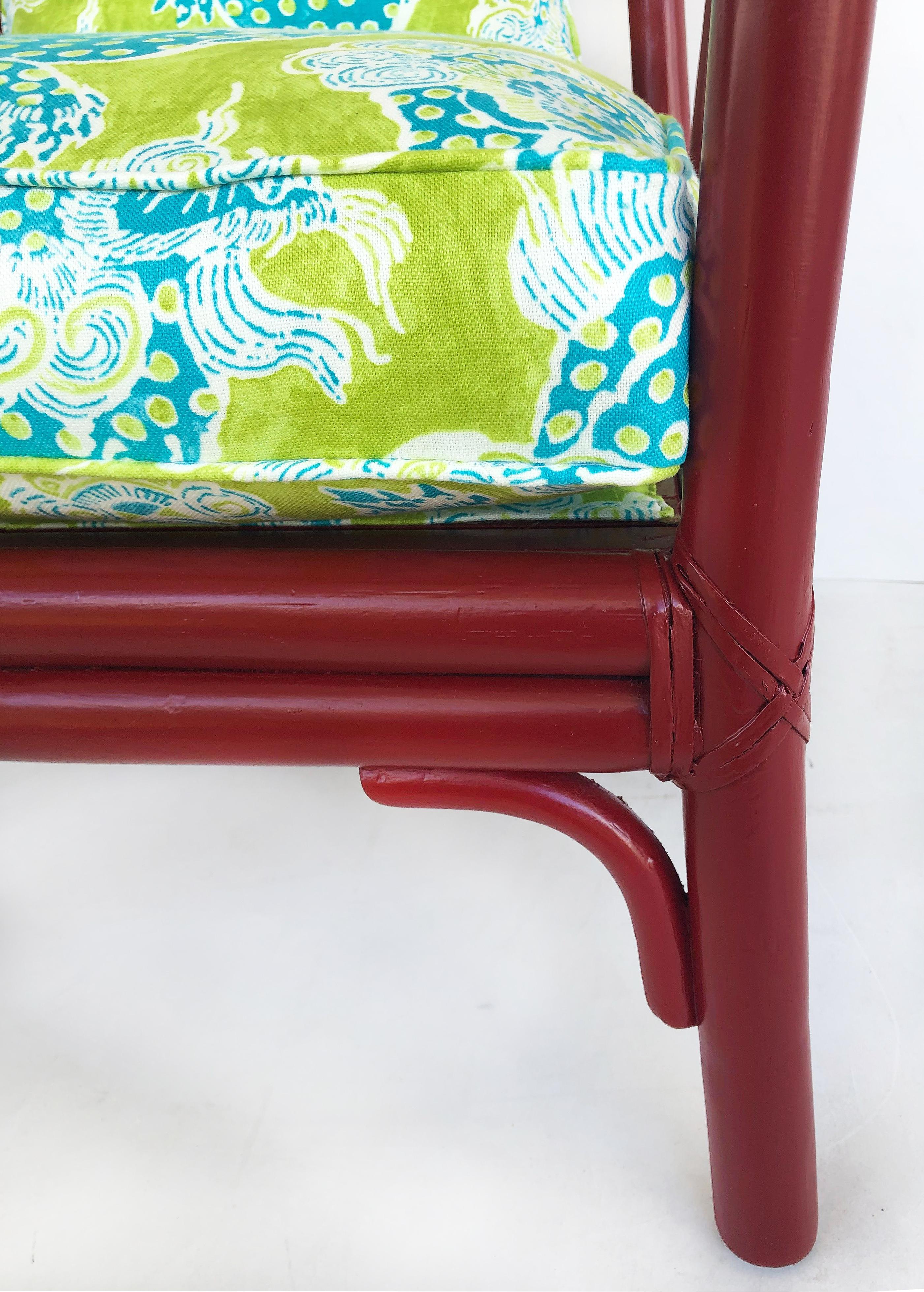 McGuire San Francisco Rattan Club Chairs, Brunschwig & Fils Fabric For Sale 4