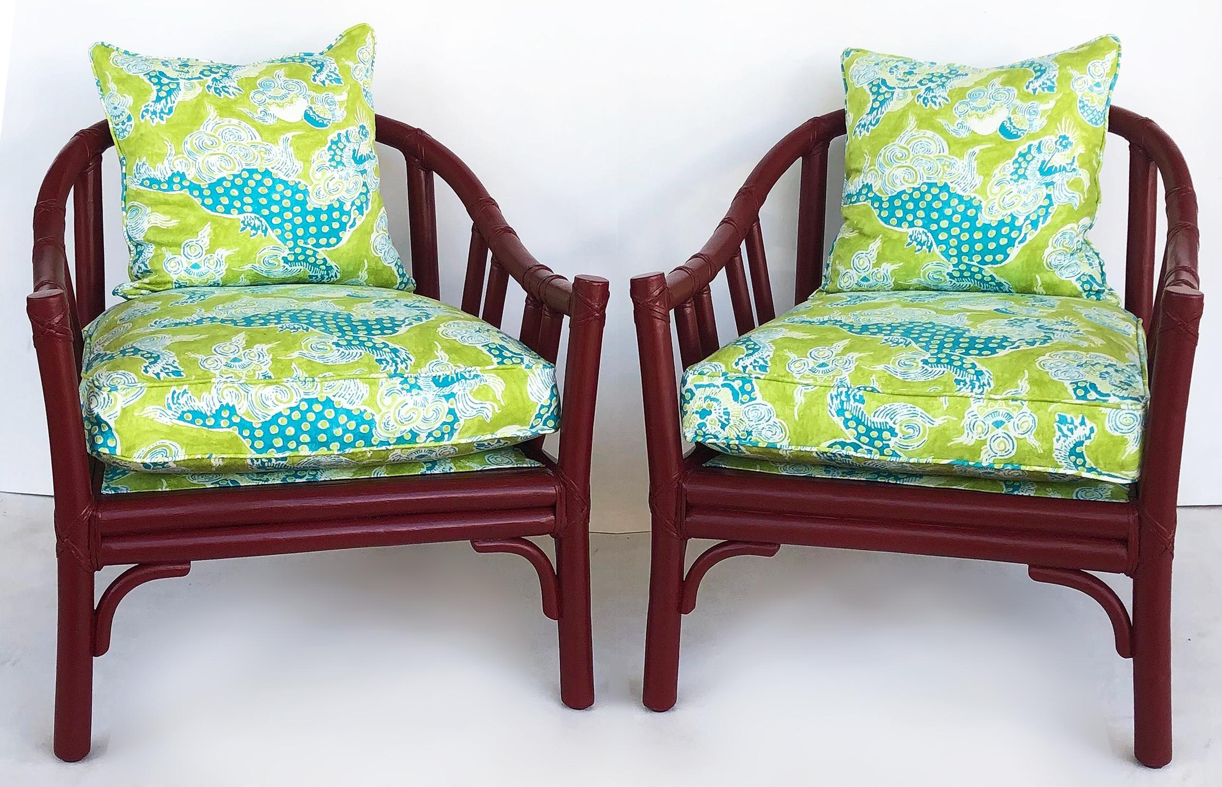 McGuire San Francisco Rattan Club Chairs, Brunschwig & Fils Fabric For Sale 7