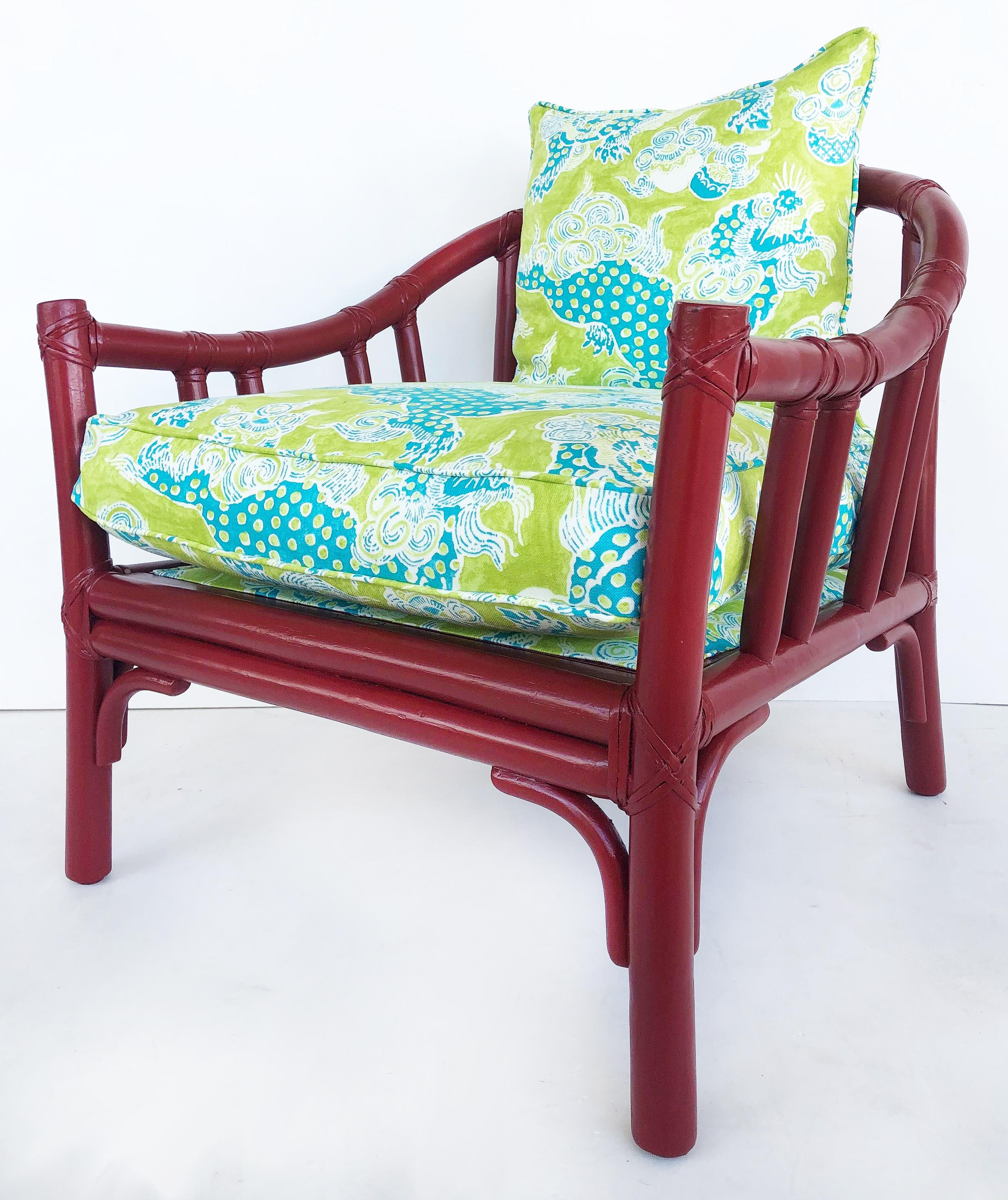 McGuire San Francisco Rattan club chairs, Brunschwig & Fils fabric

Offered for sale is a pair of McGuire of San Francisco, CA rattan with leather wrapping club chairs with loose seat and back cushions. The rattan frames have been painted and the