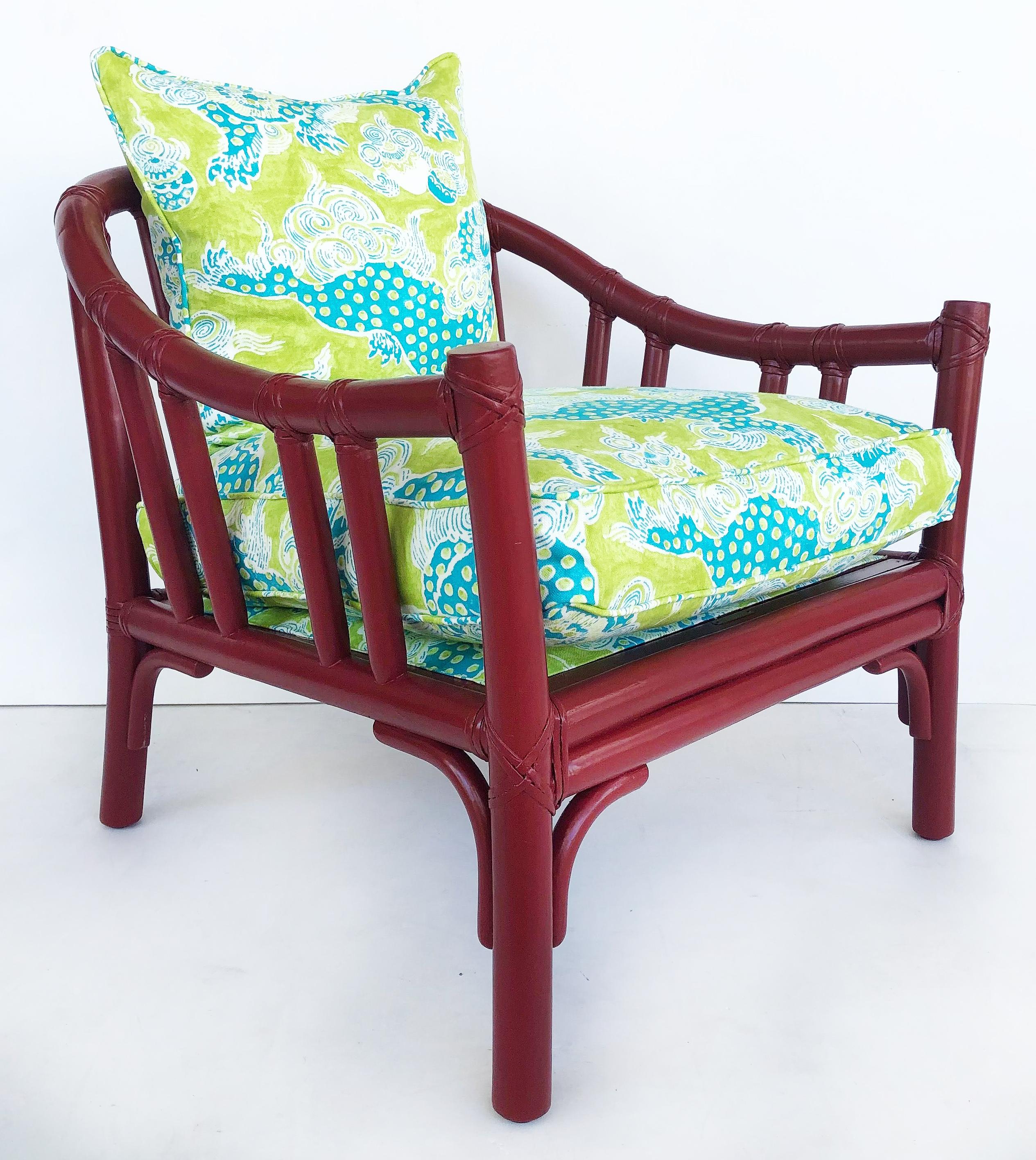 McGuire San Francisco Rattan Club Chairs, Brunschwig & Fils Fabric For Sale 1