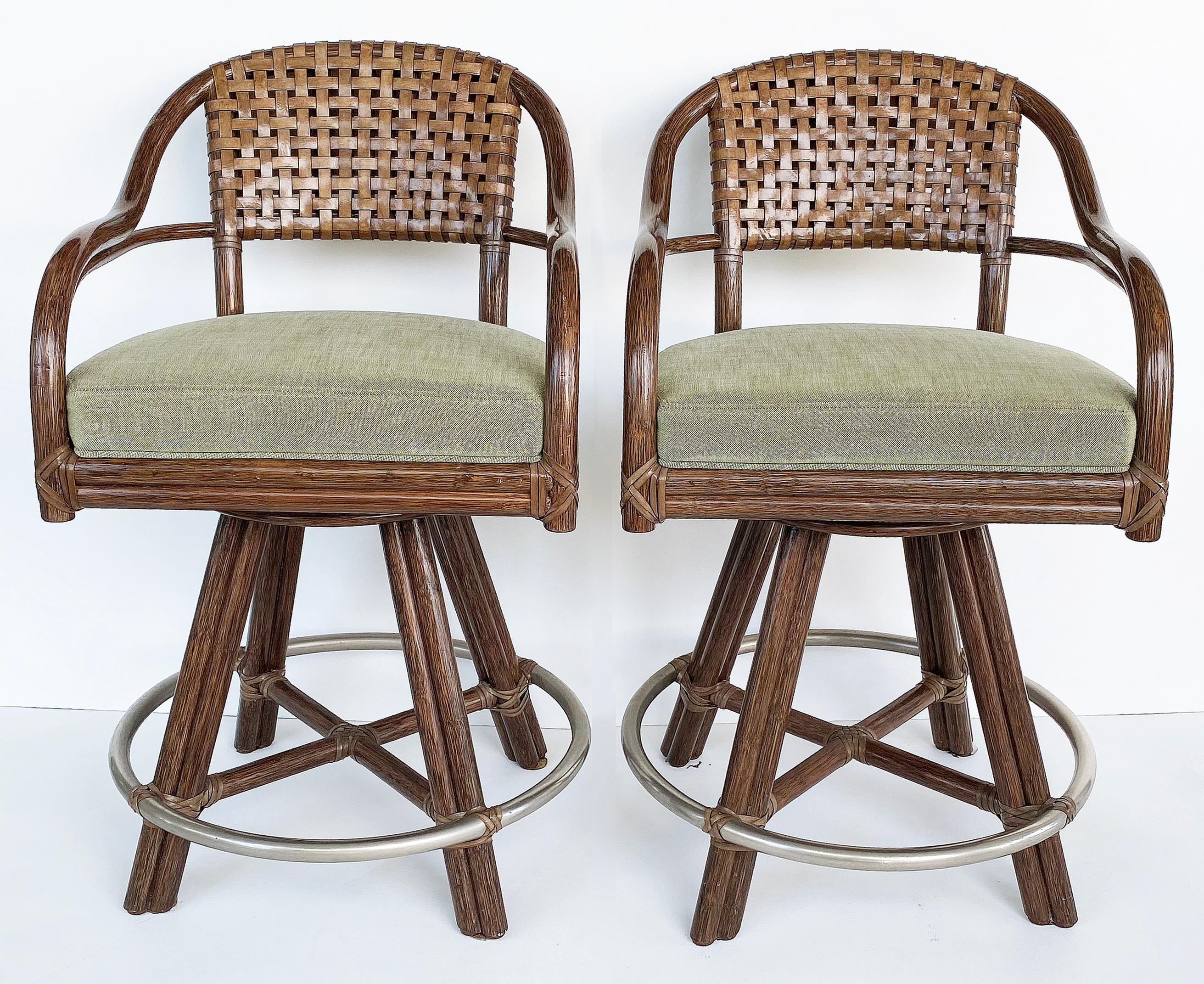 McGuire San Francisco Rattan, Rawhide Swivel Stools, Pair In Good Condition For Sale In Miami, FL