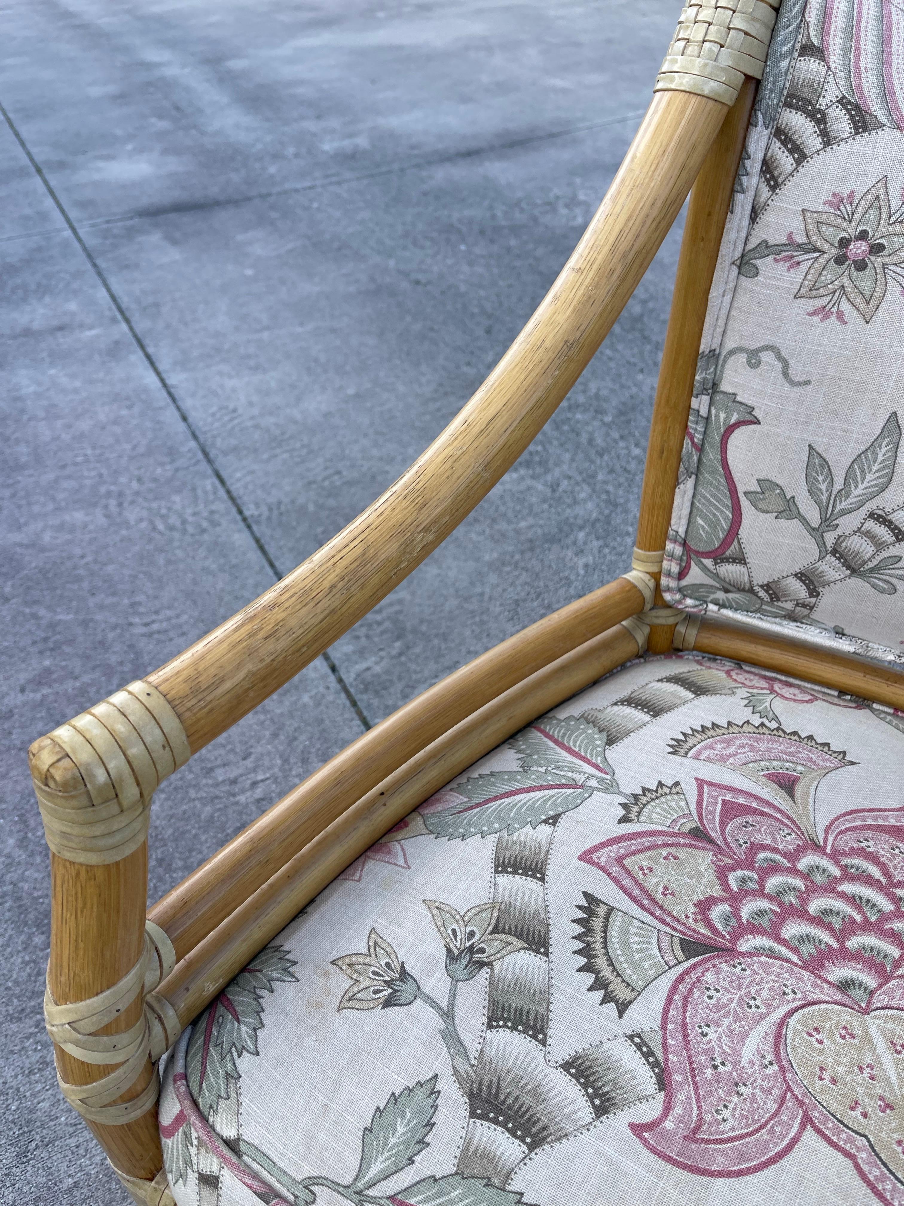 20th Century McGuire San Francisco Rattan Target Back Armchair Dining Chairs, Set of 4 For Sale