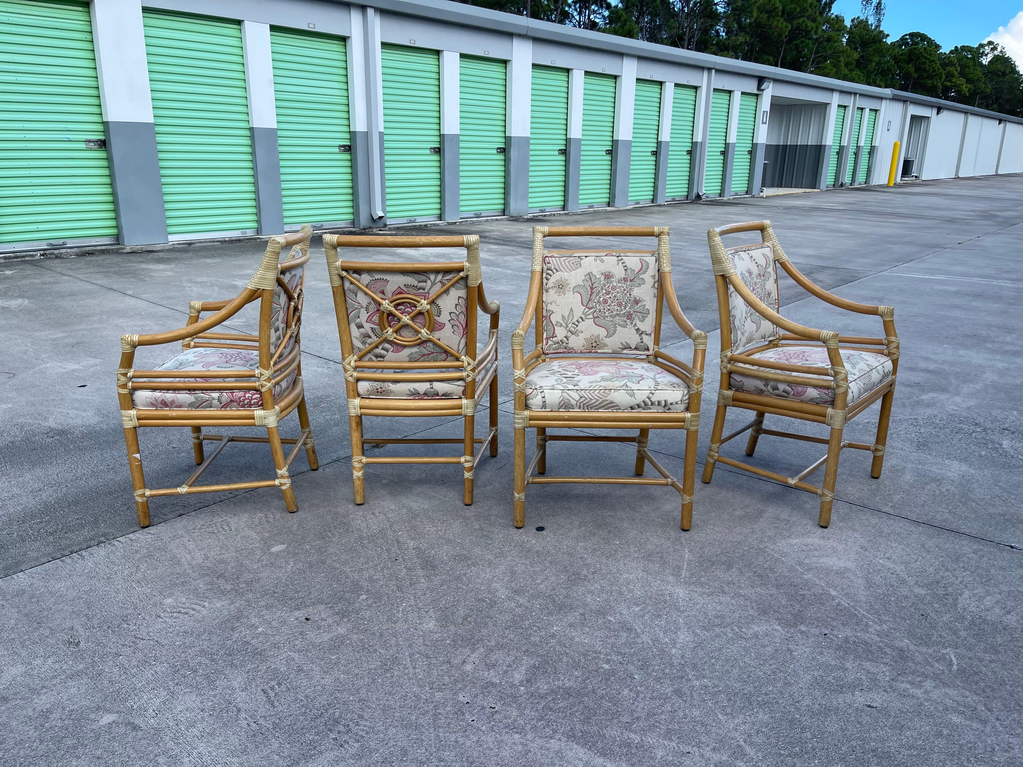 McGuire San Francisco Rattan Target Back Armchair Dining Chairs, Set of 4 For Sale 4