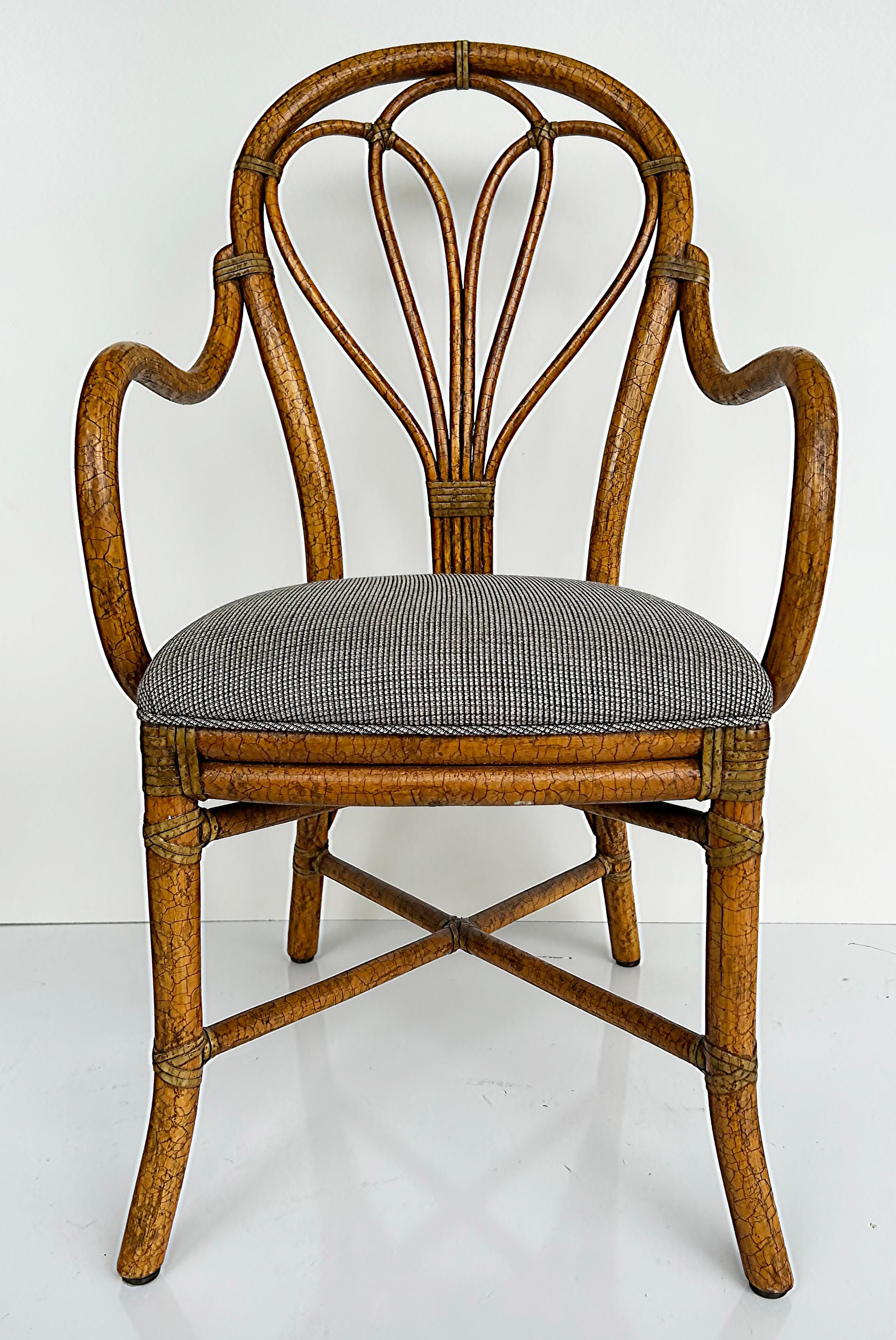 20th Century McGuire San Francisco Set of 4 Upholstered Rattan Armchairs with Rawhide For Sale