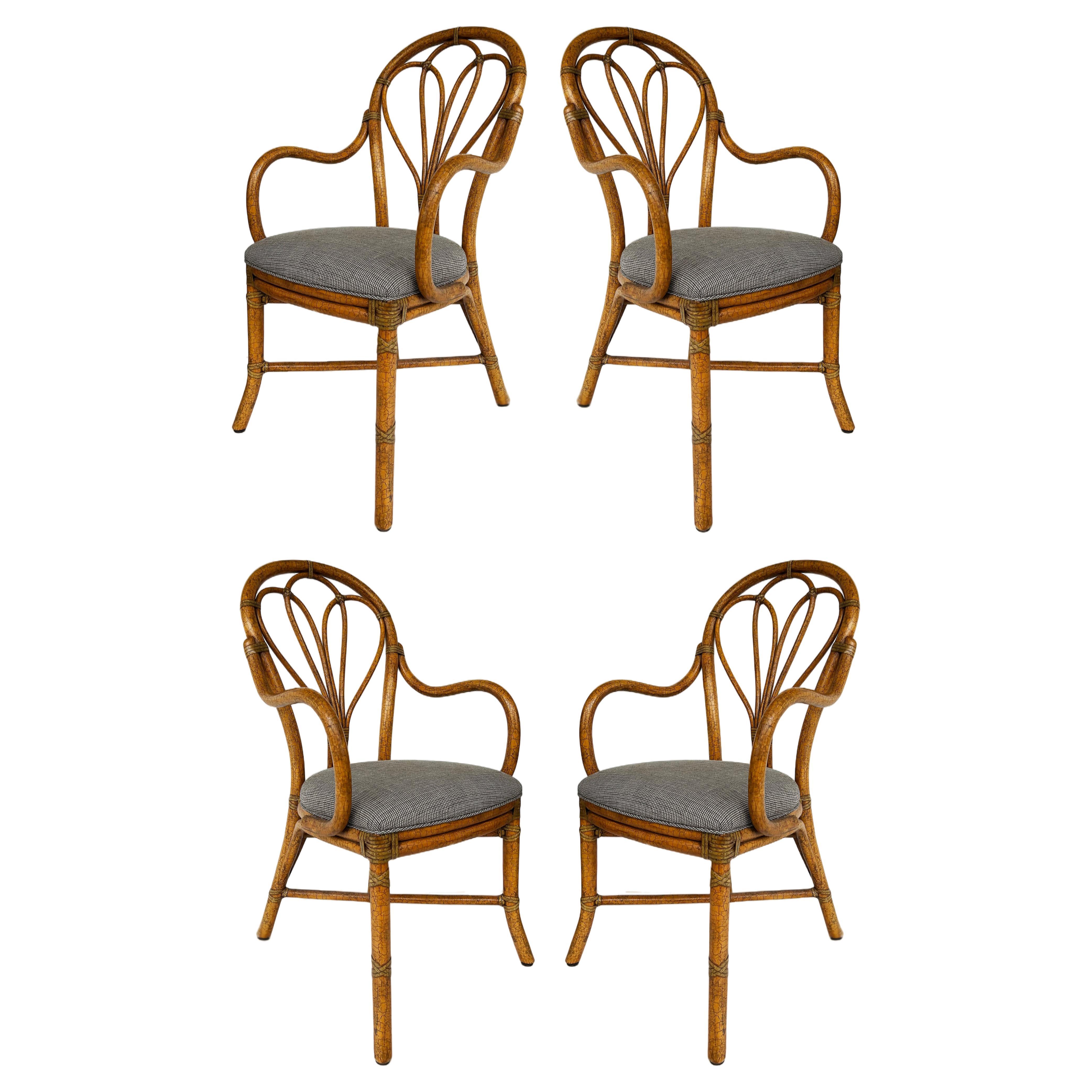McGuire San Francisco Set of 4 Upholstered Rattan Armchairs with Rawhide