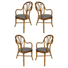 Retro McGuire San Francisco Set of 4 Upholstered Rattan Armchairs with Rawhide