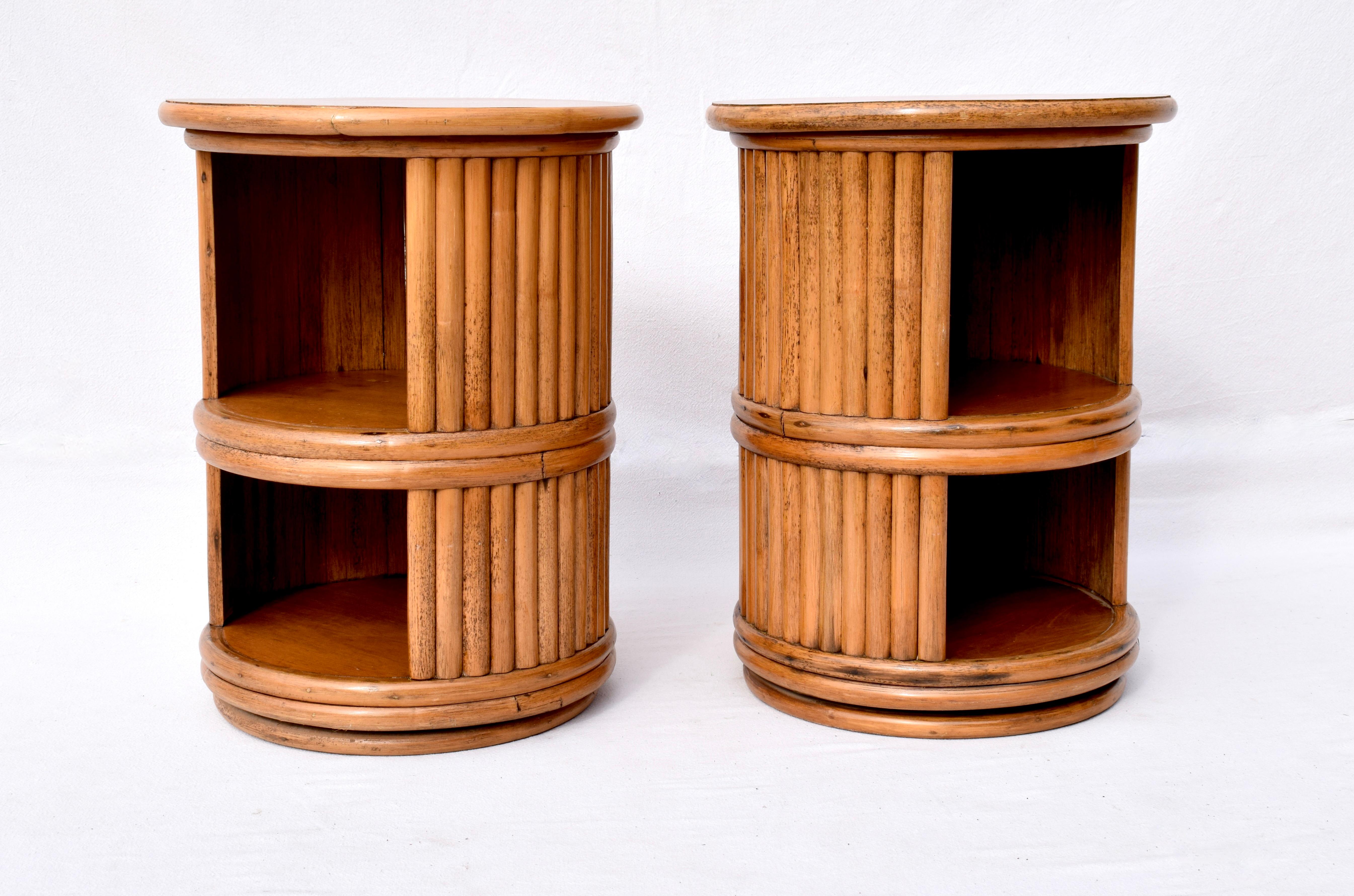 McGuire San Francisco Swivel End Tables, Pair In Good Condition For Sale In Southampton, NJ