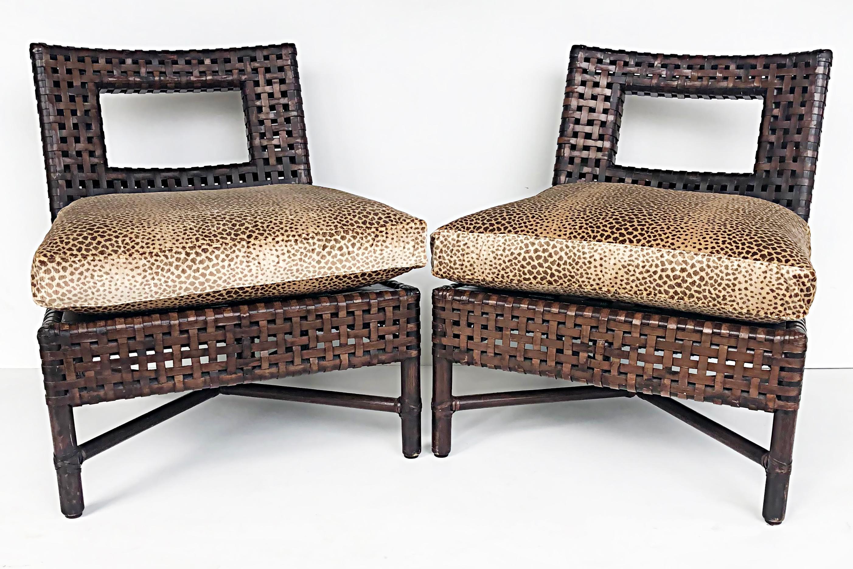 McGuire San Francisco woven leather slipper chairs, upholstered loose cushions

Offered for sale is a pair of rare McGuire of San Francisco woven leather chairs with loose upholstered seat cushions. These are being sold in 