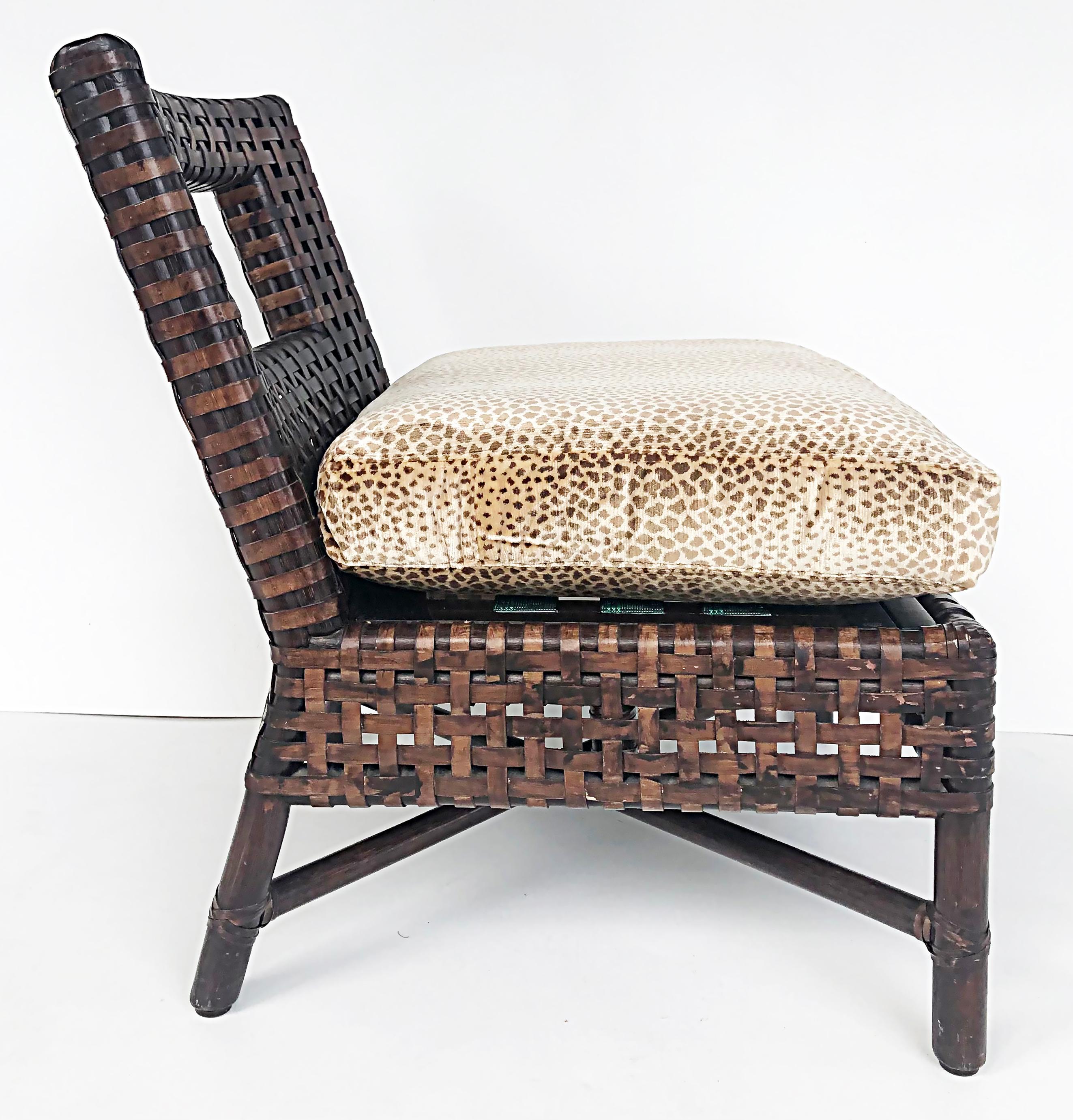 20th Century McGuire San Francisco Woven Leather Slipper Chairs, Upholstered Loose Cushions