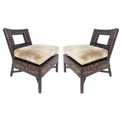 McGuire San Francisco Woven Leather Slipper Chairs, Upholstered Loose Cushions