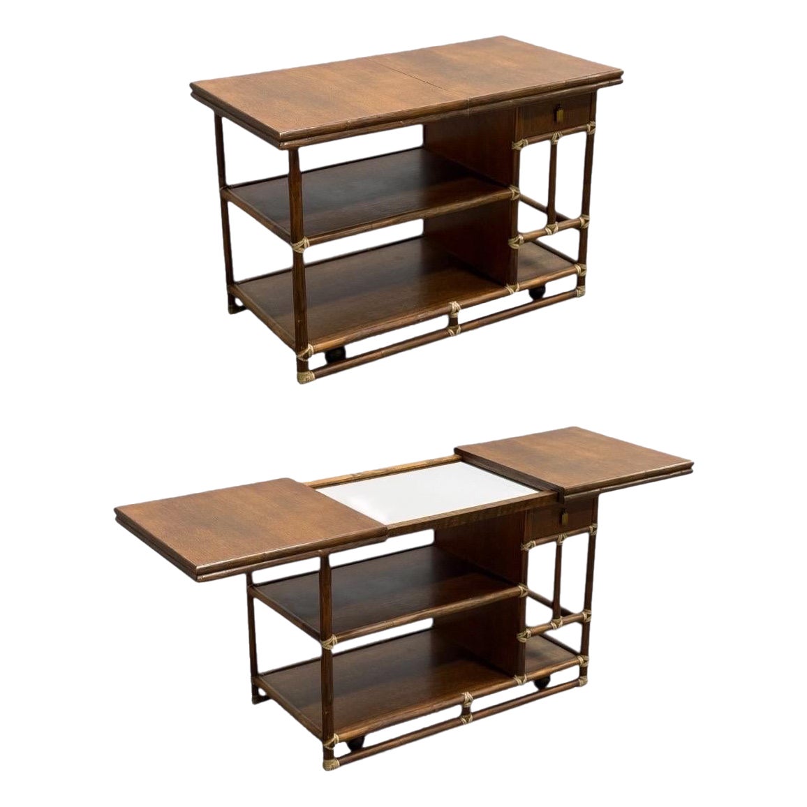 McGuire Serving Cart - Vintage Organic Modern Bar - Rattan + Mahogany + Raw Hide For Sale