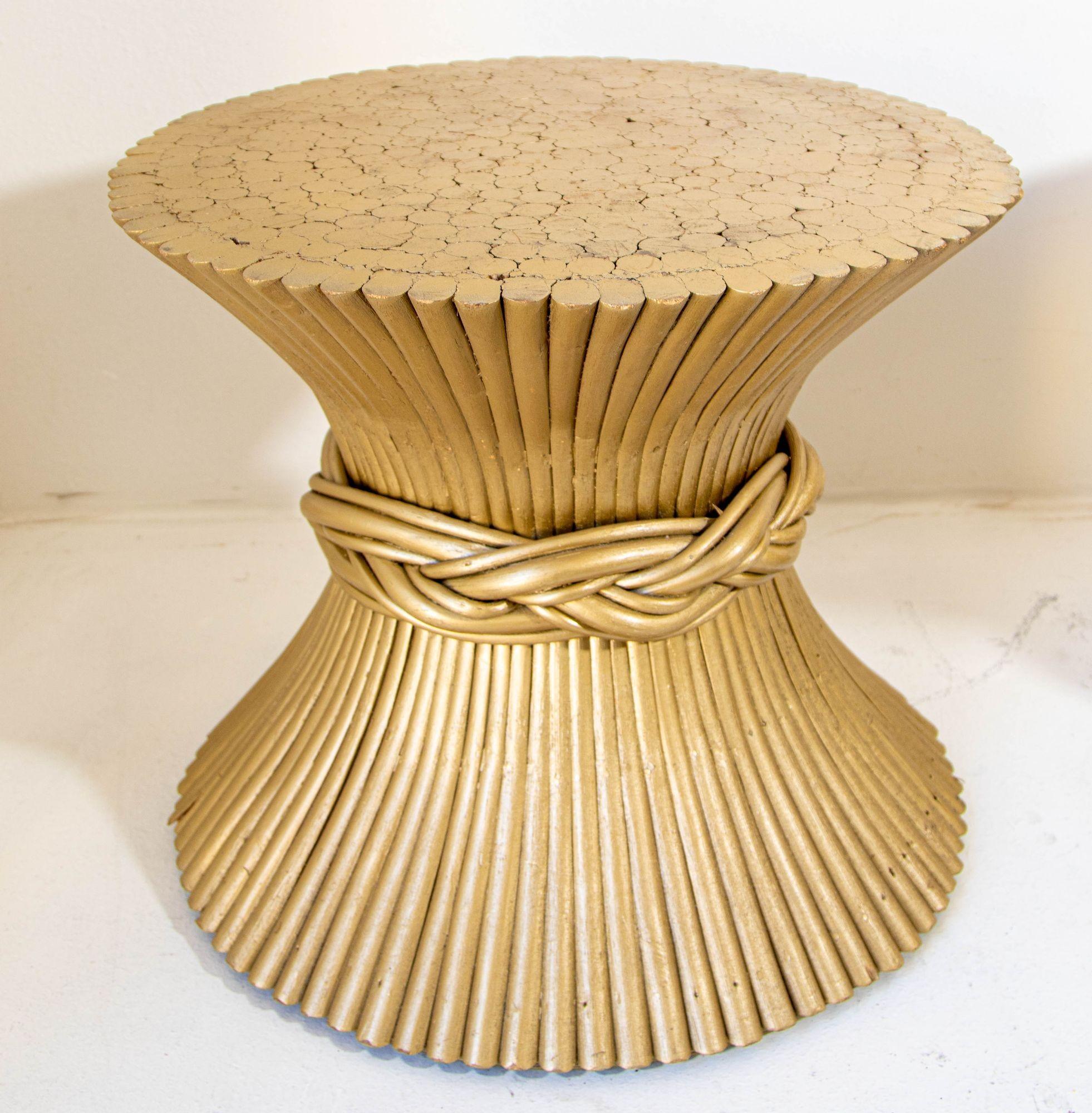 Mcguire Sheaf of Wheat Bamboo Round Side End Coffee Tables a Pair 1970s In Good Condition For Sale In North Hollywood, CA