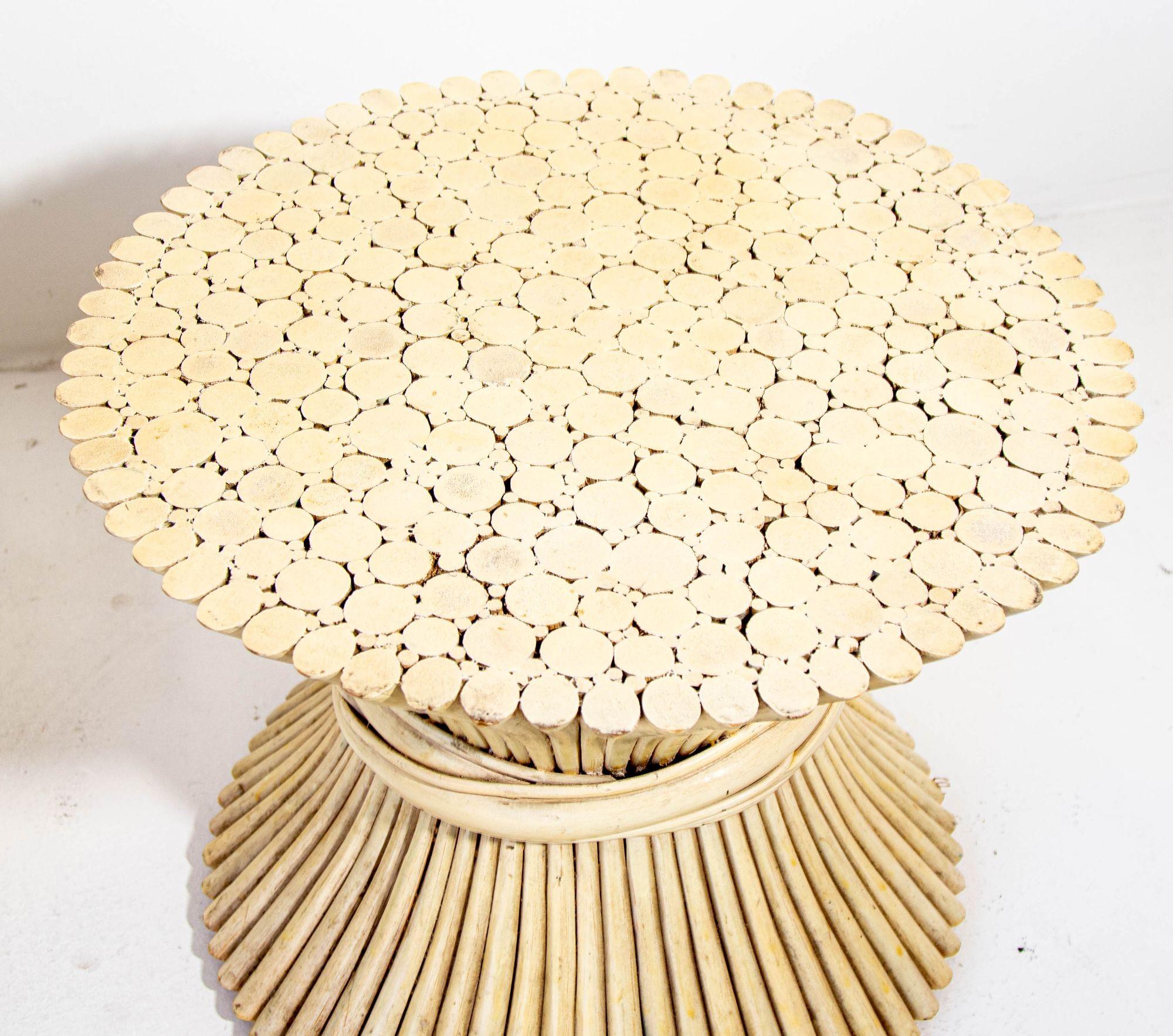 Hand-Crafted Mcguire Sheaf of Wheat Bamboo Round Side Tables a Pair 1970s For Sale