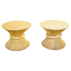 Vintage Mcguire Sheaf of Wheat Bamboo Round Side Tables a Pair 1970s