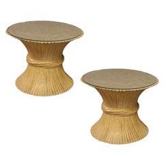 McGuire "Sheaf of Wheat" Stacked Hourglass Rattan End Table, Pair