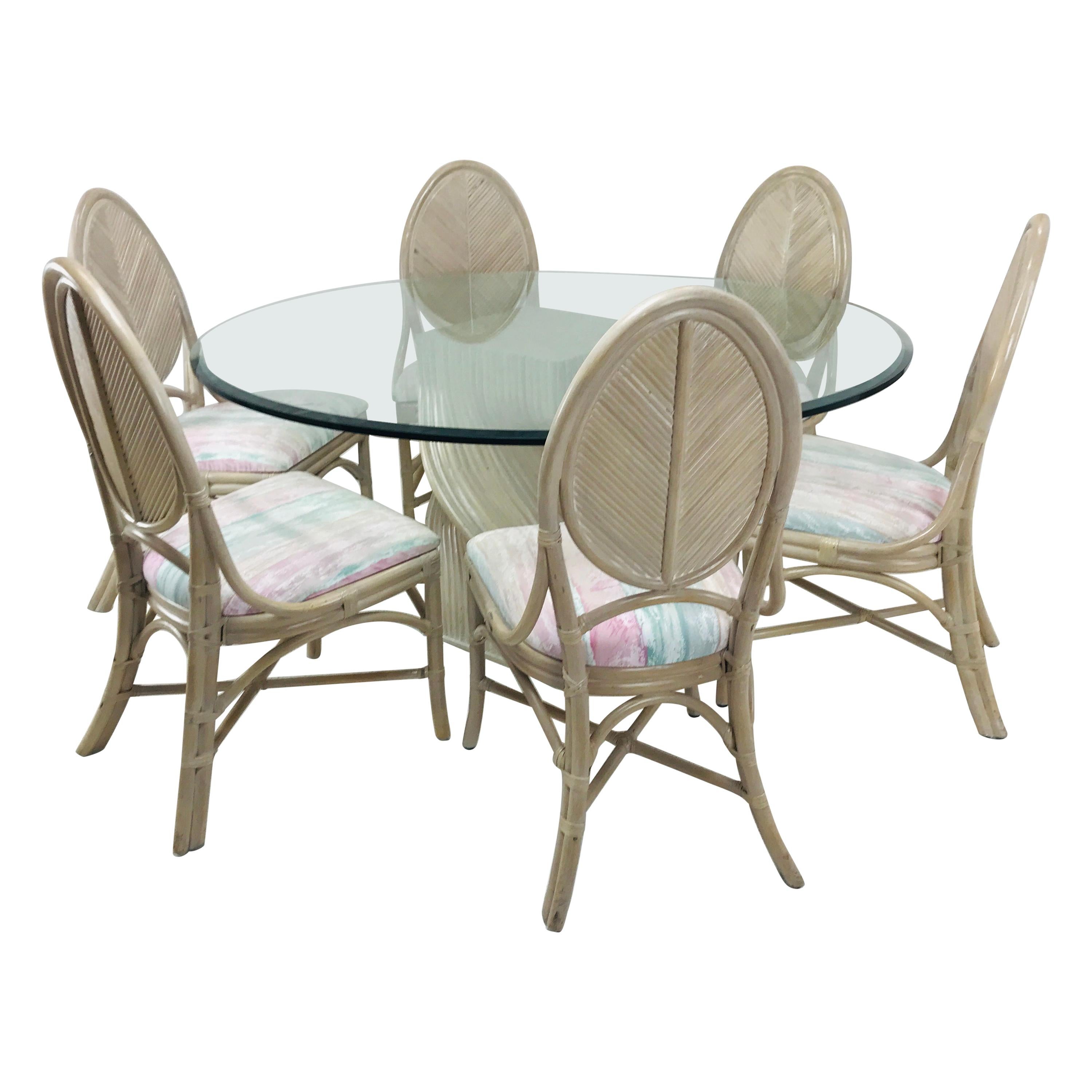 McGuire Split Bamboo Spiral Base Table with Set of 8 Dining Chairs